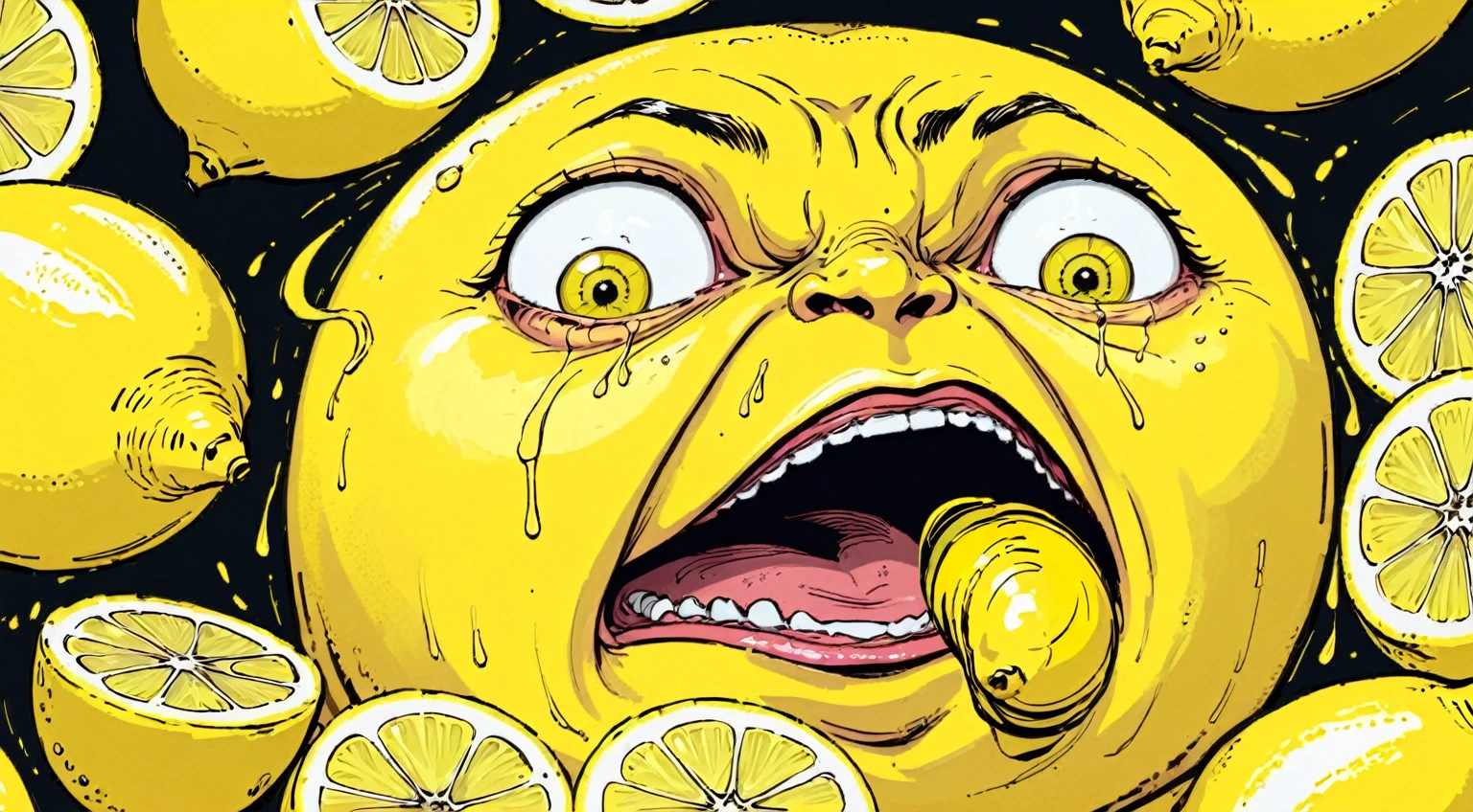 Lemon eating lemons, mouth full of lemons, caught, startled, tiny eyed surprise. hyper maximal, strange, hyperrealism, rotoscope expressive ink bold line hand drawn, chonky, chonkiest Lemon, extremely intensely chonky, spilling over in all directions, hefty, rotund, obese, large, rich color grading, cel shading, warm colors, unified colors, cinematic, absurd, making silly face, hilarity from facial expression