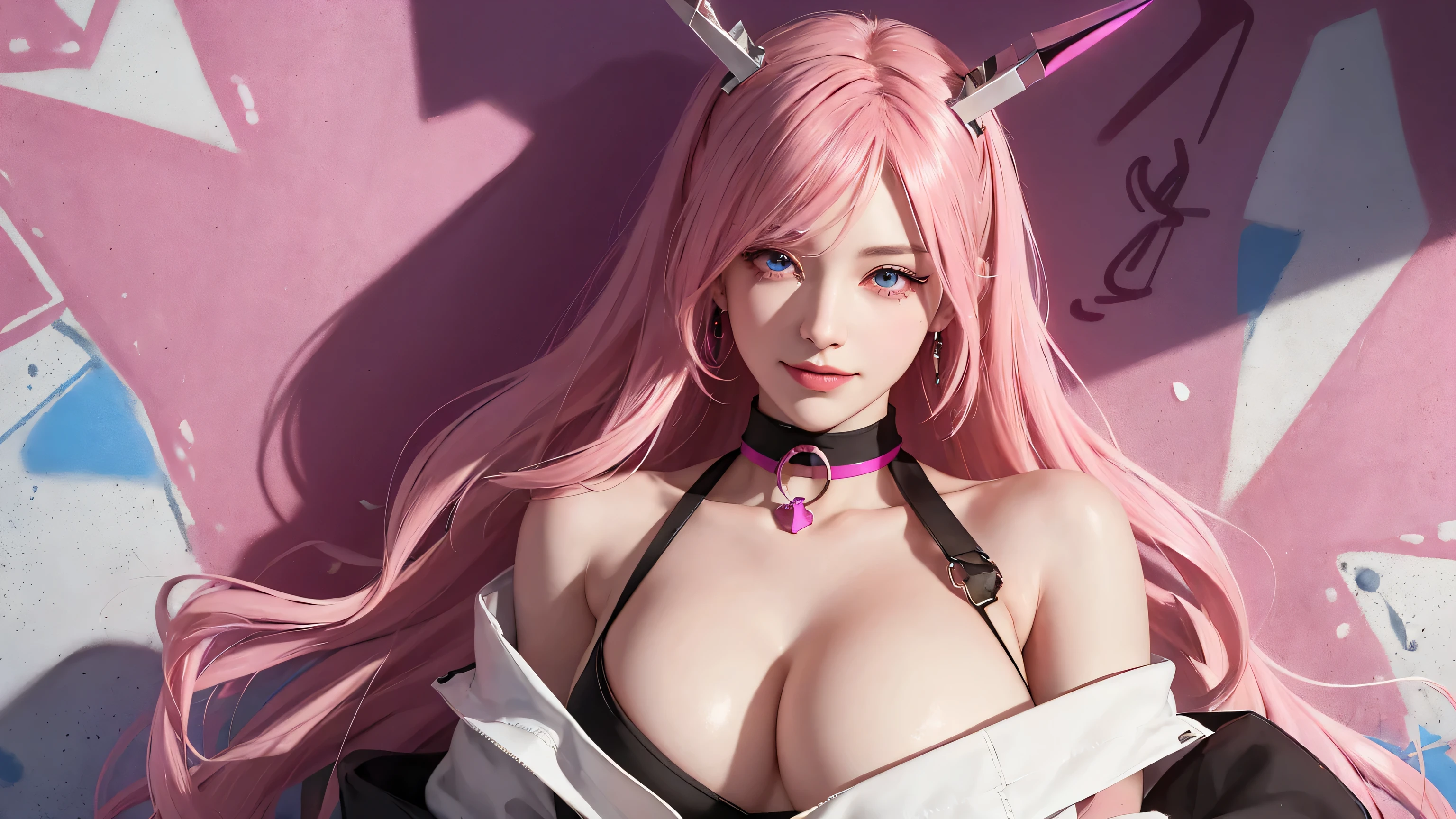 (Masterpiece, best quality, 1 girl, alone, complicated details, Chromatic aberration), realistic, ((Moderate breath)),long hair, pink hair, Red headpiece, Pink Highlights, hair on one eye,purple eyes, earring, sharp eyes, choker, Neon coat, She wears a collar, bangle, and kimono style garters., crop top, (symmetrical eyes),(Perfect symmetrical body),against the wall, Brick wall, (colorful graffiti words on the wall:1.2), The light is dim., alley ,Look at the viewer.、Dig the chest、smile、(sleeveless、Navel touch、Fitted turtleneck.)、street string hot pants、Thin bottom、Please build above the eaves..、Thin shoulders、in underwear、