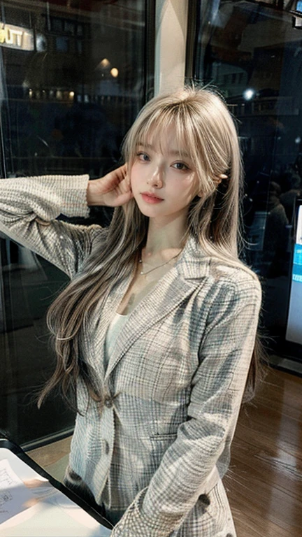 UHD, ccurate, anatomically correct, textured skin, high details, 8k, A woman in a suit posing for a photo, a hyperRealistic , hyperRealistic , Wear a strict business suit, photoRealistic perfect body, Realistic , on the desk, standing on the desk, ultra Realistic picture, Dressed in a strict suit, Realistic shaded perfect body, In a strict suit, photoRealistic girl render, light smile,