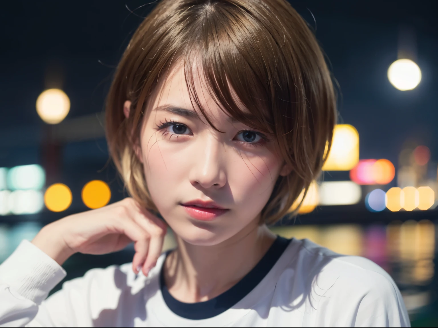 Japanese girl wearing a long-sleeved T-shirt、night、Sleep in a hotel bed、Looking at the audience、(highest quality、masterpiece)))、High resolution、Very detailed、masterpiece、电影Light、(8k、highest quality、masterpiece:1.2)、(Realistic、Photorealistic:1.37) High Resolution、Ultra-detailed、One Girl 、Asian, cute, cute顔, solo, short hair1.2, Textured skin, 美しく精細なnight空, night景, Light, Depth of written boundary, レンズフレアLight、Sit on、Date、(Blushing your nose)、(Crying face:1.15)、My eyes are moist、Red eyey face is turning red、(Mouth closed)Small breasts、Beautifully detailed eyes、night、(short hair:1.2)、Floating Hair Nova Frog Style、I'm crying、Crying face