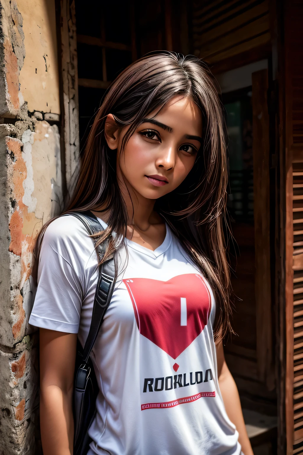 Fotorrealista, high resolution, 1 mulheres, mulher madura, Sozinho, Quadris para cima, joia, cabelo ondulado, cabelo longo, roupa de rua, Camiseta, fechar-se