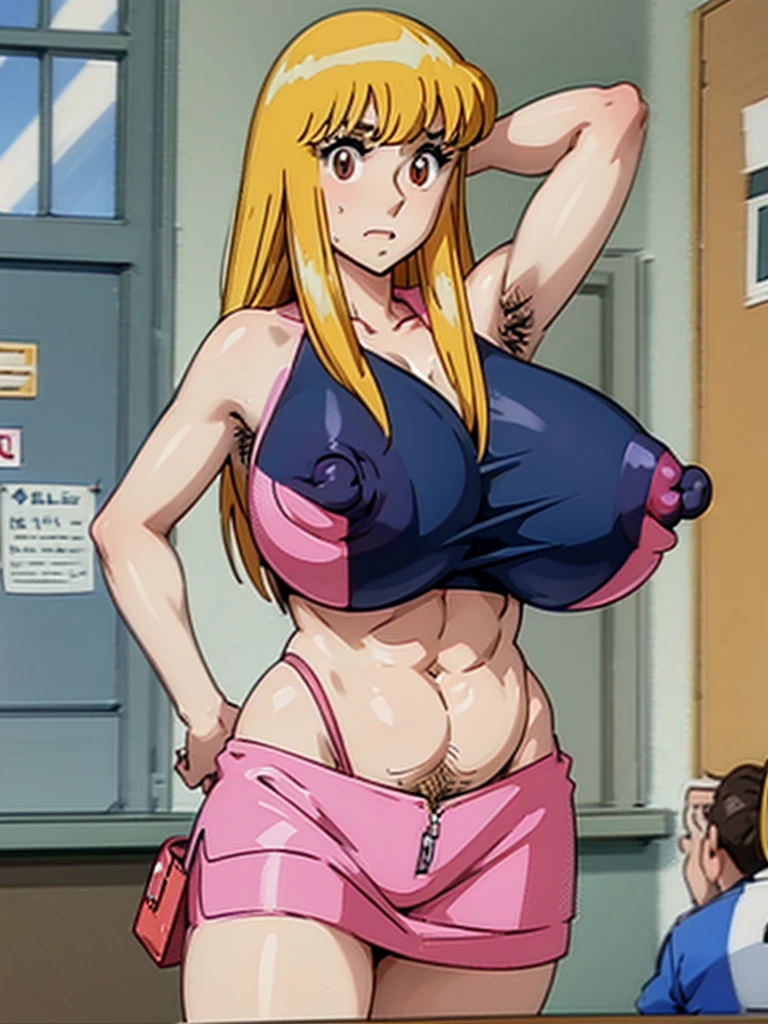 (Reiko Akimoto), (naked, pink skirt), embarrassing, (masterpiece, best quality), delicate illustration ultra-detailed, (((sagging gigantic huge breasts))), (standing, counter table, crowded), (((showing hairy armpit hair))), ((upper body only)), very sweating, hairy stomach hair, bukkake, cum shot, hentai atmosphere, blonde, huge hip, (dark nipples), 8k, 