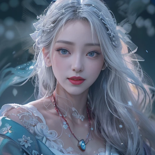 (number々Award-winning masterpiece, Incredible detail, Texture and maximum detail), (Ultra-realistic:1.4), (Realistic:1.3), (Full body image:1.7), (Upper body close-up:0.3), (transparent, Amazingly white skin and the highest quality realistic textures), (Five perfect, beautiful fingers:1.8), (Yuki-onna appearing in Japanese folk tales: 1.6), (Smiling with bright red lips: 1.7), (Beautiful, perfectly symmetrical eyes), (A deep and breathtakingly beautiful face: 1.6), (Aesthetic and decadent image: 1.6), (Fair and beautiful skin and face,,,: 1.6), (Beautiful long black hair blowing in the wind:1.4), (Wearing luxurious and intricately crafted accessories: 1.8), (Bright bioluminescent blue eyes: 1.7), (Fallen Beauty: 1.6), (Blue eyes with a strong blue light coming from within:1.7), (The plain white vintage clothing that covers the whole body is badly damaged..., but、Elegant and delicate: 1.8), (Less exposed skin:1.5), (Strong moonlight shines from above: 1.7), ((Dramatic Photos)), ((Cinematic Light)), (Full body portrait:1.7), (look up), (Looking down), (Dramatic Pose), (Smoke effects and mesmerizing lights:1.4), Beautiful white hair, Beautiful silver hair, Beautiful blonde hair, Wind effects, Swirling Snow, Blizzard, Winter Storm, wind and rain, (Purple smoke in the air: 1.3), (Snowstorm Ice Field, Quiet snowy field in the moonlight, Midnight in a snowy town), (Dark Night, Full moon night, New Moon Night), Epic Realistic, Faded, ((Neutral Color)), Art Book, (Hmph:1.5), (Calm colors:1.2), Super detailed, (Art Station:1.5), Cinematic, Warm Light, Light effects, Dramatic Light, (Intricate details:1.1), Complex background, (Greg Rutkowski:0.8), (blue green and orange:0.4),