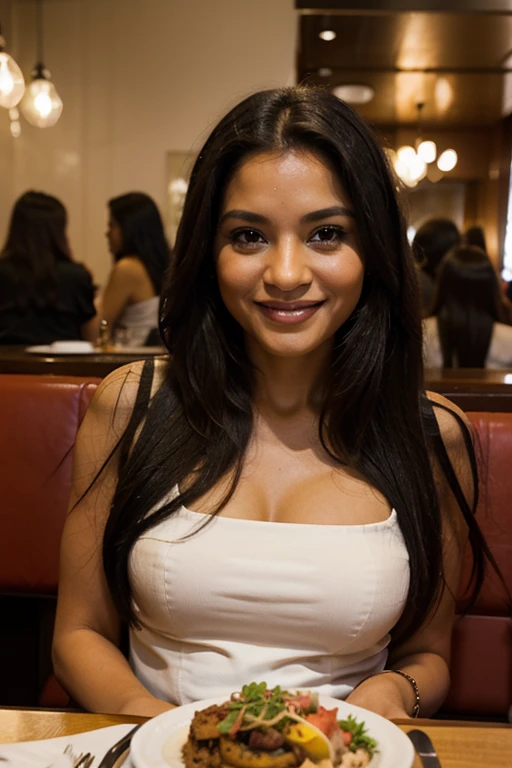 photography of Latina 40 years old, black long hair, perfect smiley face, dinning in new age restaurant