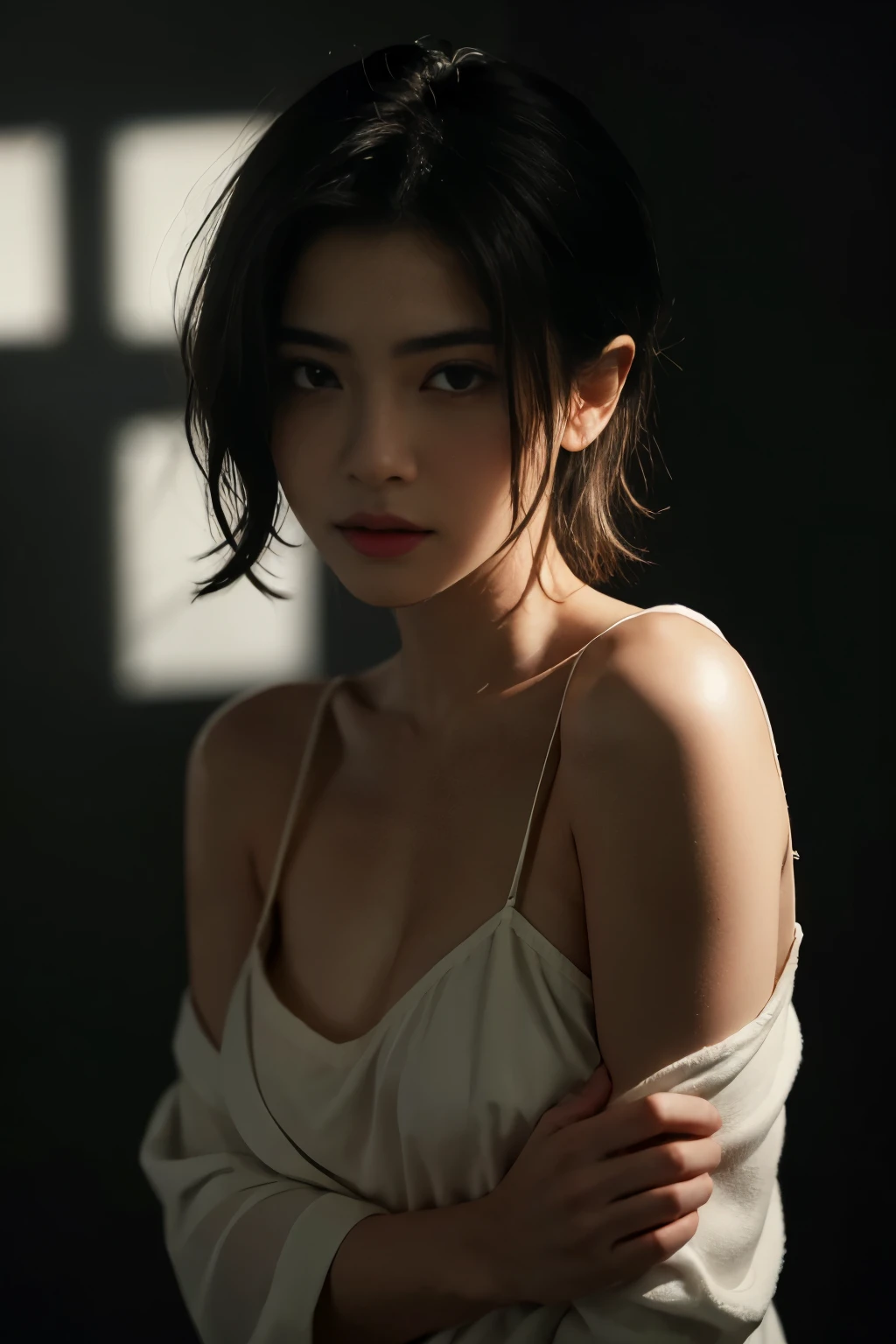 Best quality, masterpiece, ultra high res, (photorealistic:1.5), raw photo, 1girl, offshoulder, in the dark, deep shadow, low key, cold light, sexy look, short hair, bra strap, red