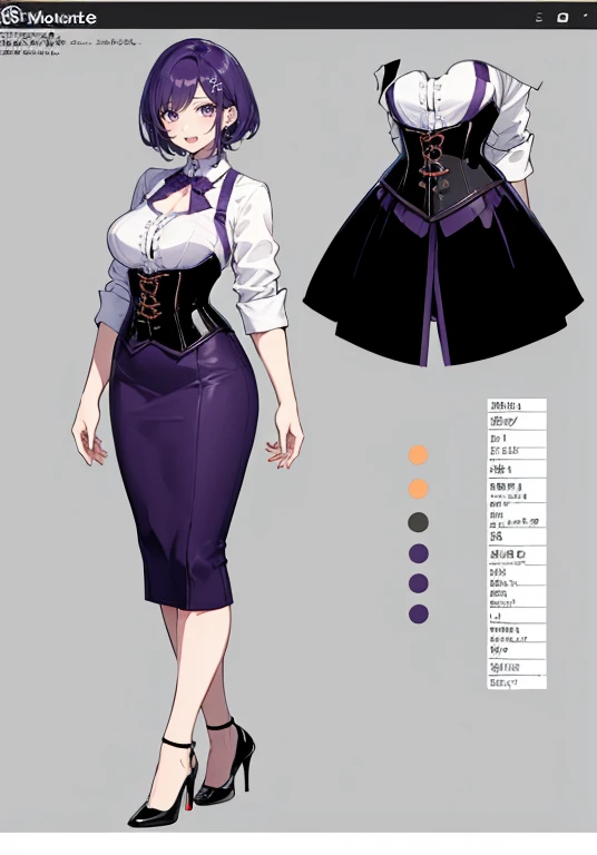 Purple hair,Short hair,Adult female,(Bartender),((Body harness)),((Black vest)),(Rolling up your sleeves shirt),(Corset),(Above knee length skirt),High heels,((Simple background)),Smile,((Full body)),((whole body)),Character Sheet,