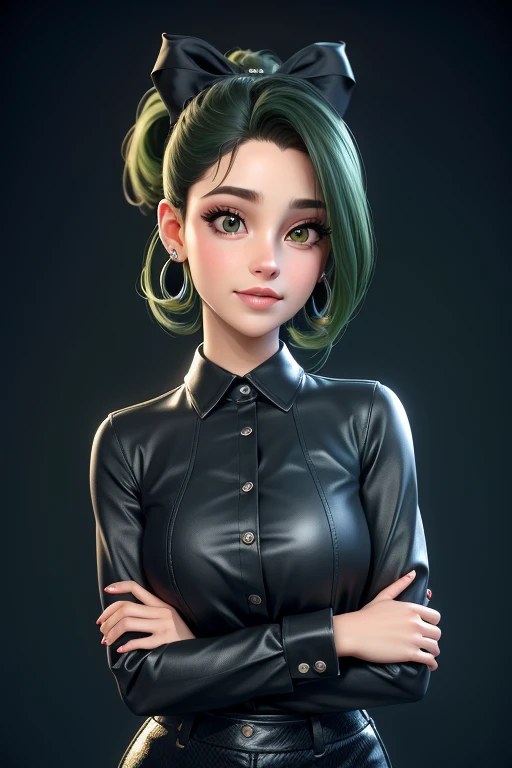 best quality, ..3d rendering work, ..Estilo 3DMM, Close-up, retrato, ......3d, 1girl, somente, cabelos pretos, tear earrings, Looking at camera, frente, Realistic, parte superior do corpo , with arms crossed, Fundo, franja, Desviando o olhar, cabelo preto liso longo, separated-lips, Gargantilha, maquiagem , Squishy, camisa polo verde, olhos verdes, Ariana Grande, (seios pequenos: 1.1)