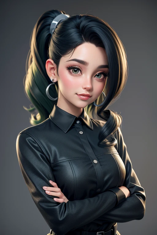 best quality, ..3d rendering work, ..Estilo 3DMM, Close-up, retrato, ......3d, 1girl, somente, cabelos pretos, tear earrings, Looking at camera, frente, Realistic, parte superior do corpo , with arms crossed, Fundo, franja, Desviando o olhar, cabelo preto liso longo, separated-lips, Gargantilha, maquiagem , Squishy, camisa polo verde, olhos verdes, Ariana Grande, (seios pequenos: 1.1)