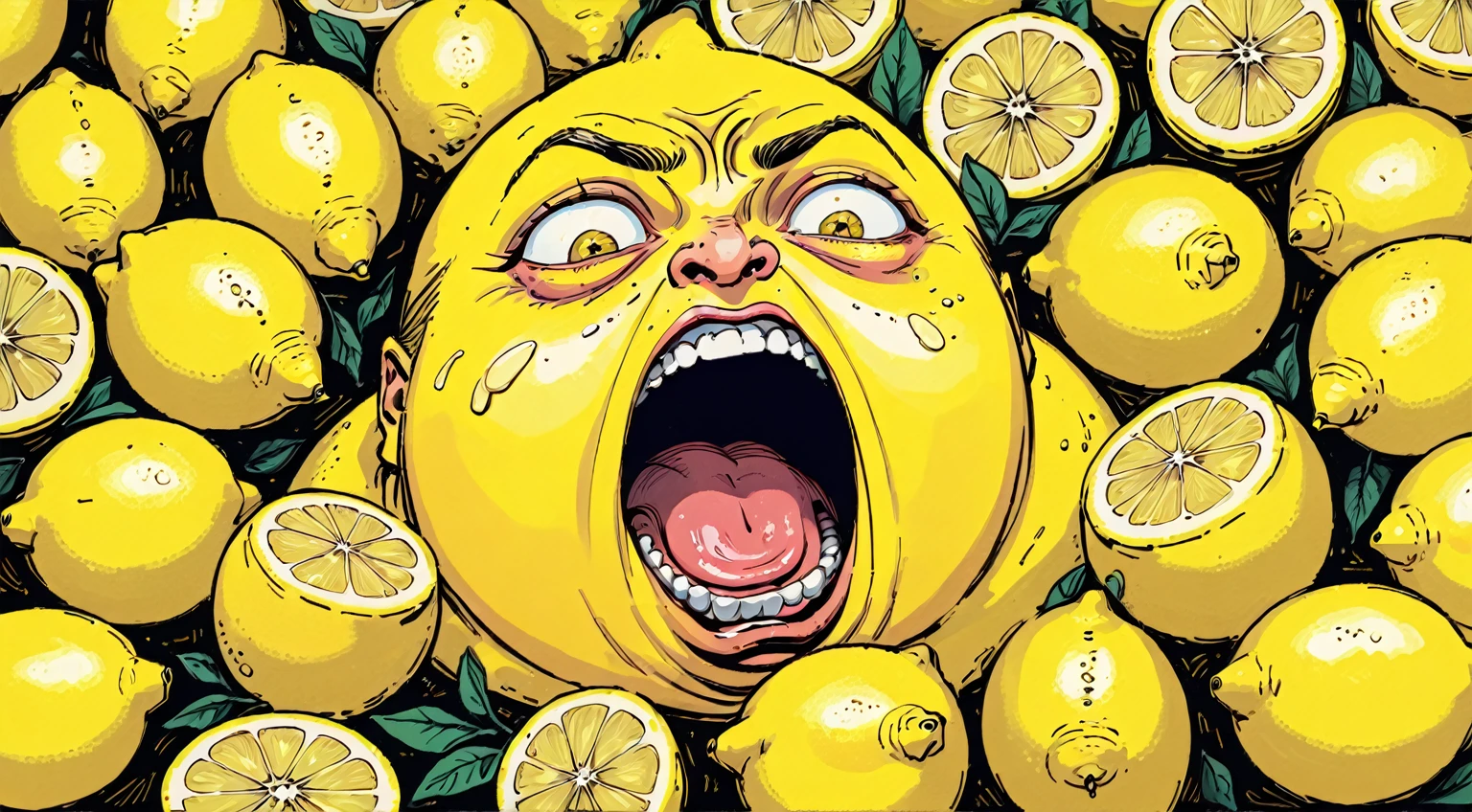 Lemon eating lemons, mouth full of lemons, caught, startled, tiny eyed surprise. hyper maximal, strange, hyperrealism, rotoscope expressive ink bold line hand drawn, chonky, chonkiest Lemon, extremely intensely chonky, spilling over in all directions, hefty, rotund, obese, large, rich color grading, cel shading, warm colors, unified colors, cinematic, absurd, making silly face, hilarity from facial expression
