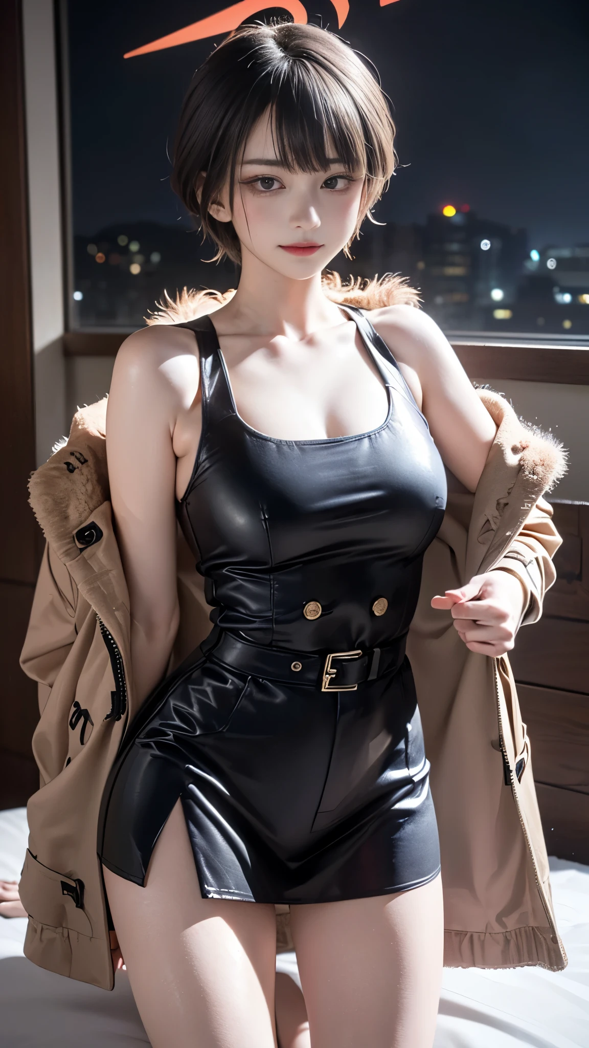 ((masterpiece、high quality、High resolution、4K, 8K, Blue archive official art、live-action)),detailed person、detailed face、detailed eyes、fine eyes、 (dripping sweat、oil skin,sparkling skin、realistic skin texture、detailed beautiful skin、shiny skin, big breasts、beautiful thighs, mature pretty woman、transparent eyes、sexy、(slender body and limbs,), (random pose) , ((clear eyes、double eyelid、big breasts))、((character : Aru Rikuhachima 、Blue Archive))、A bright red dress with a wide open neckline、brown coat with fur、night scenery、night room、dark、lights out、grayscale:27、full of embarrassment、blush、bright red face、shy、((slender、beautiful feet、low length))、standing pose、((steam,sweat,wat))、(black leather high waist slit skirt、spread legs),((white of eyes:1.8, shocked face:1.8, comical))、bright red bed、With a bewitching smile、