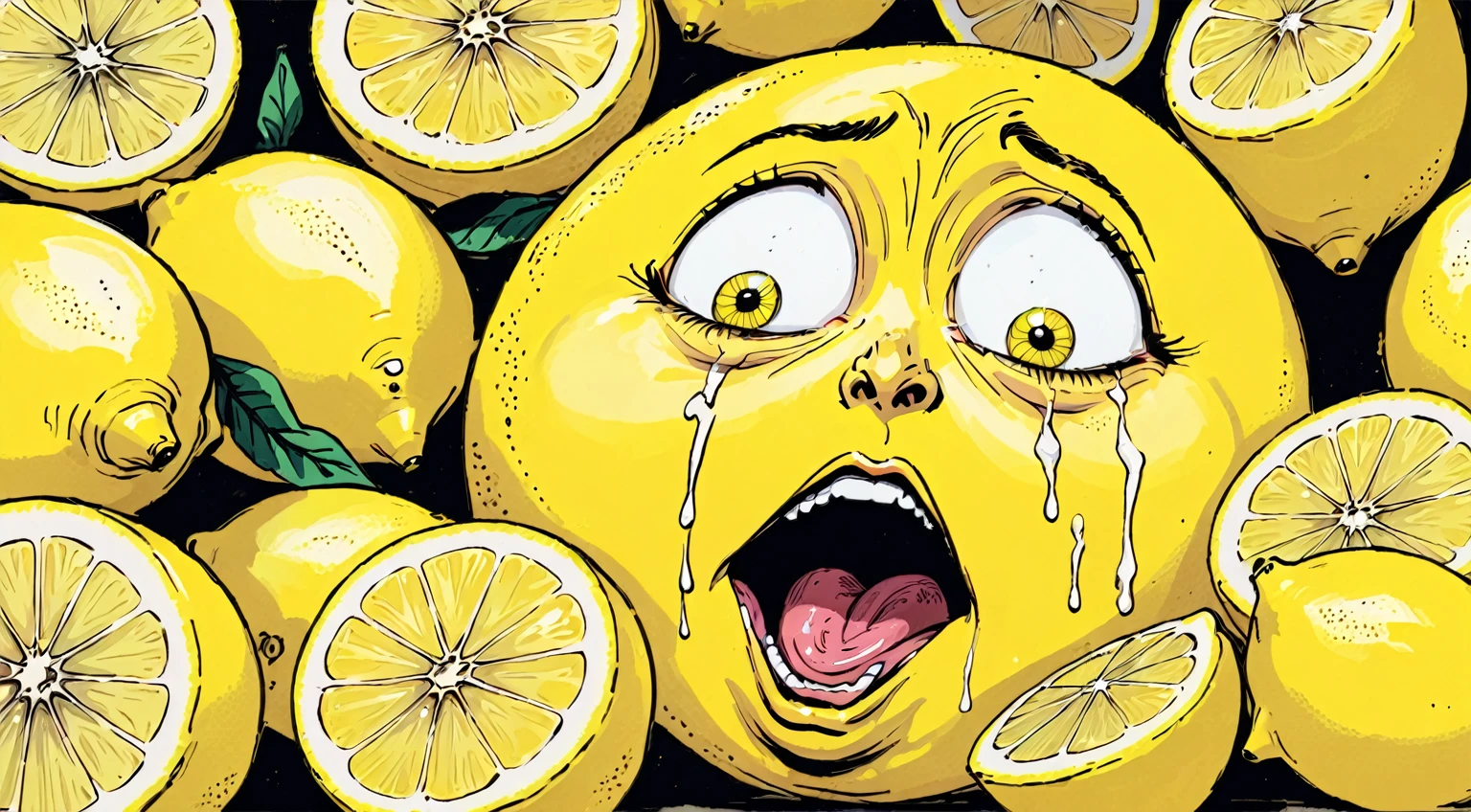 Lemon eating lemons, mouth full of lemons, caught, startled, tiny eyed surprise. hyper maximal, strange, hyperrealism, rotoscope expressive ink bold line hand drawn, chonky, chonkiest Lemon, extremely intensely chonky, spilling over in all directions, hefty, rotund, obese, large, rich color grading, cel shading, warm colors, unified colors, cinematic, absurd, making silly face, hilarity from facial expression
