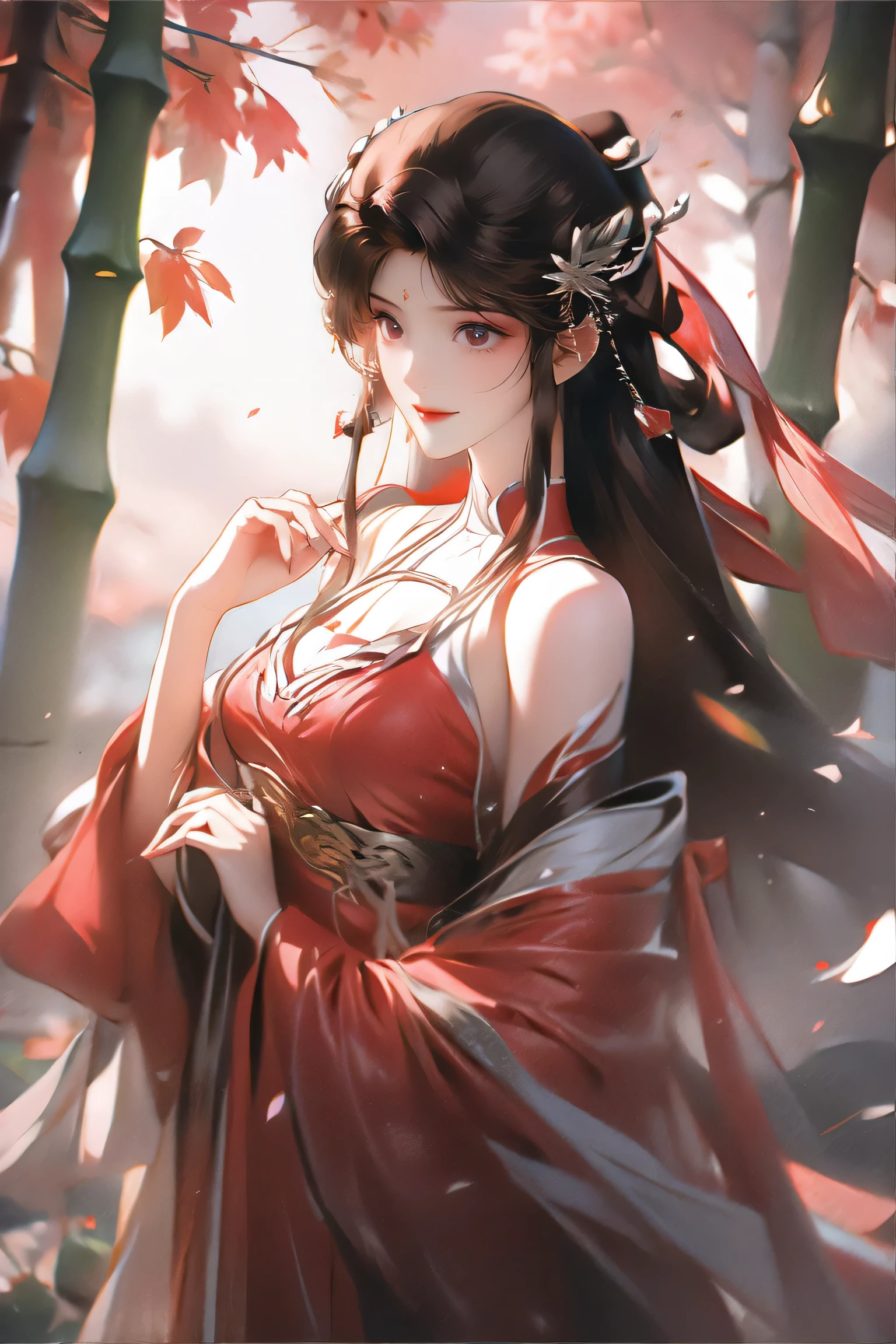 1girl,Long brown hair decorated with flowers 🏵️, bright brown eyes,Smile, smile,Girl wearing a simple hanfu, looks beautiful and pure,The background is filled with red mulberry trees 🍁,Falling leaves make the atmosphere look beautiful,Girl is holding a bamboo basket containing mulberry flowers 🍁while picking flowers, graceful, beautiful, magical, sweet, 4k