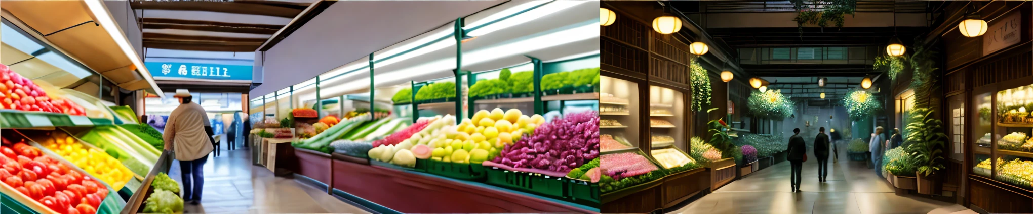 Beautiful painting of interior modern white artificial light farmers market,There are a lot of shops, vegetable shop,flower shop, Fruit Shop, Beautiful art UHD 4K, A beautiful artistic illustration, Beautiful Numbers, Highly detailed numbers, Beautiful Numbers艺术作品, The colors are brilliant and rich, Gorgeous numbers