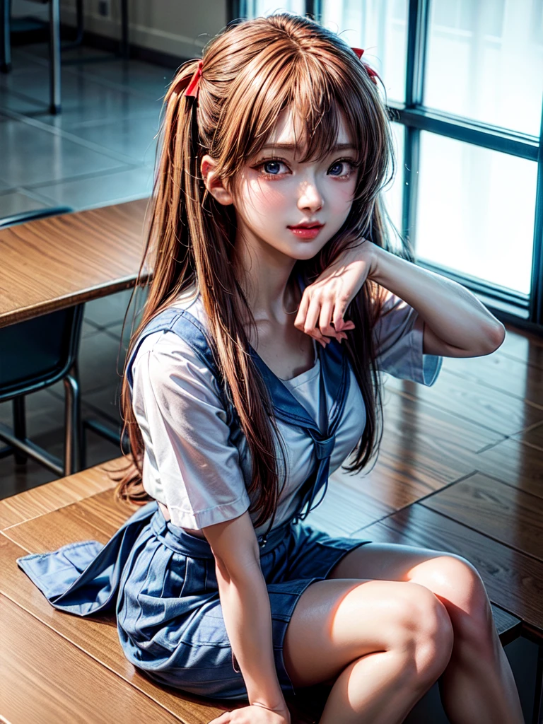 (8k, highest quality, Pieces fly:1.2)、Ultra-high resolution、anime,1 very pretty girl,Asuka Langley,Highly detailed face, Fine grain,blue eyes,,White sailor collar plain short sleeve shirt,Light blue skirt,Light Blue Suspenders,uniform_Red ribbon,Orange Hair,Long Hair、Detailed hand and fingers,put your hands in your hair,Grin、sitting on desk,Shooting from above,classroom