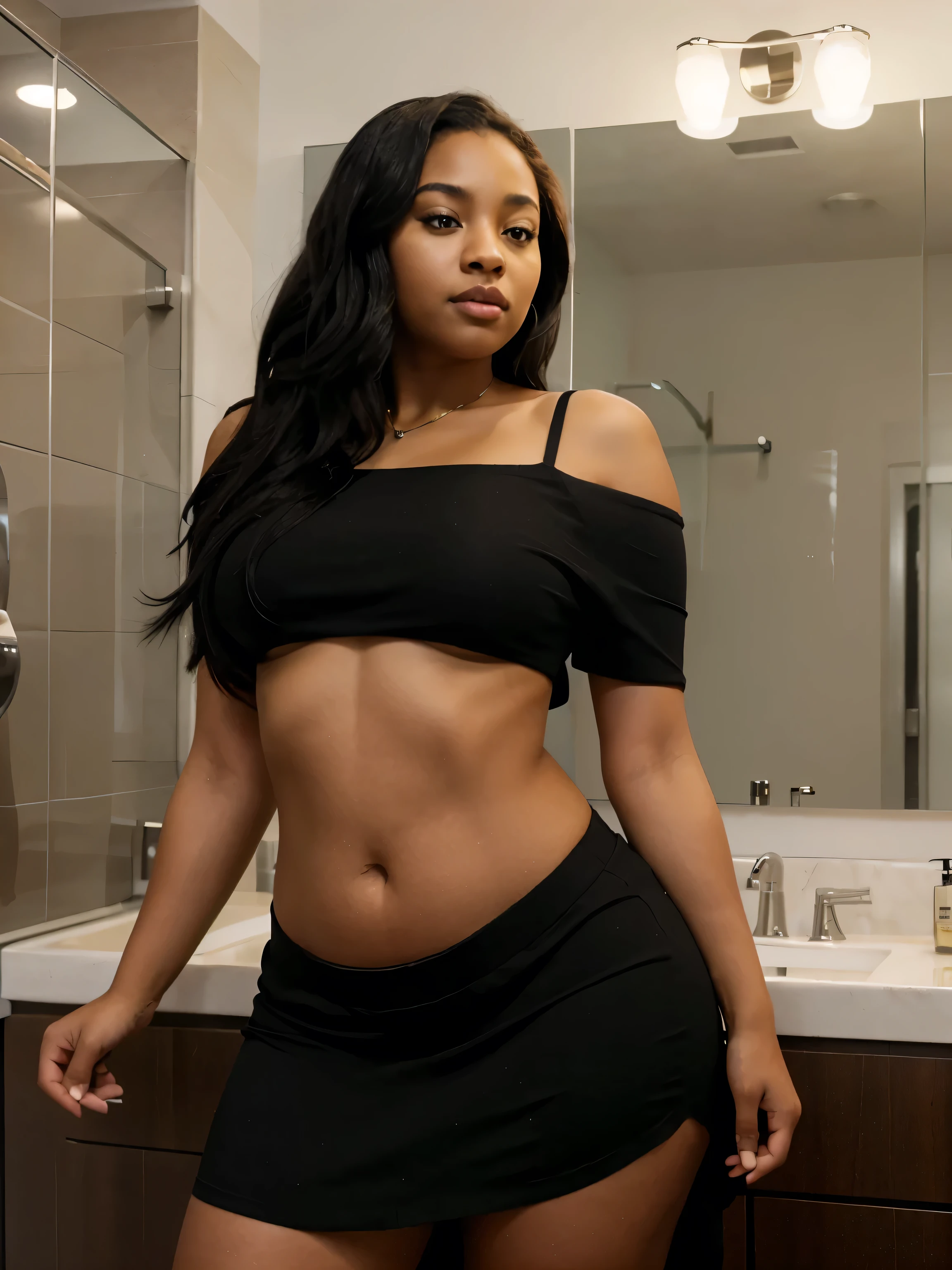 Mixed black ethnicity, curvy girl ,wearing long black skirt with a open on the side and short top, long hair , in the bathroom