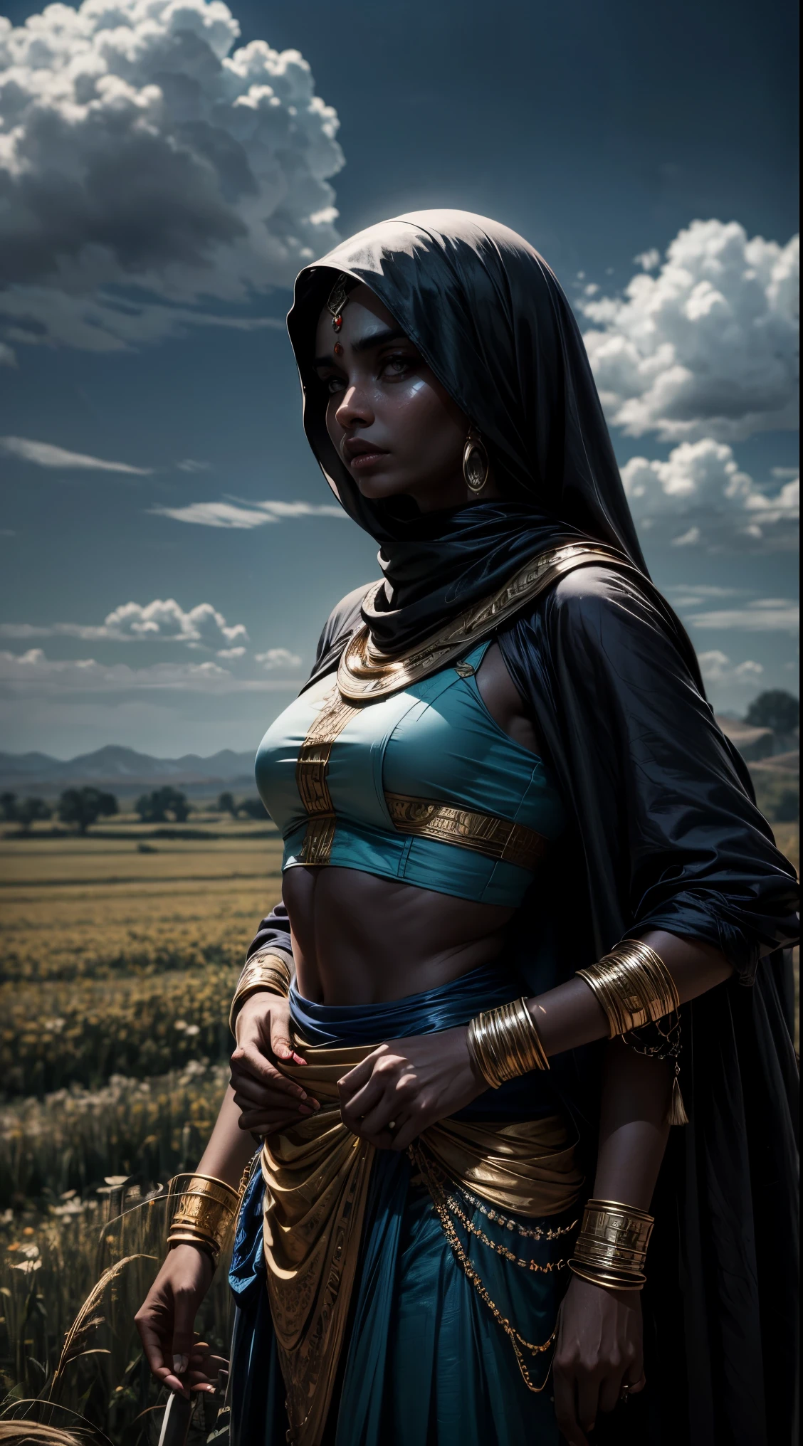 arab woman, blue skin, she has four arms, indian woman, battle rogue clothes, field, clouds