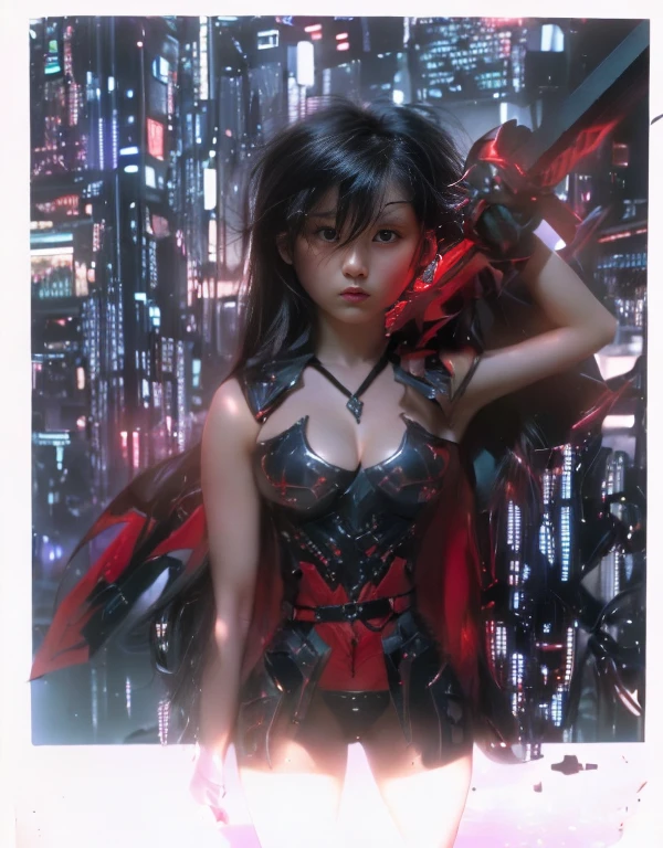 a ultra beautiful girl, with a (black techno fantasy armor) and a great sword in the back, cute, 12k, uhd, photorealistic, red decourations, (black short hairs), ((european race)), (ultra beautiful gorgeous realistic), naked belly and (naked arms), black armour, red decourations, red great sword, black hairs