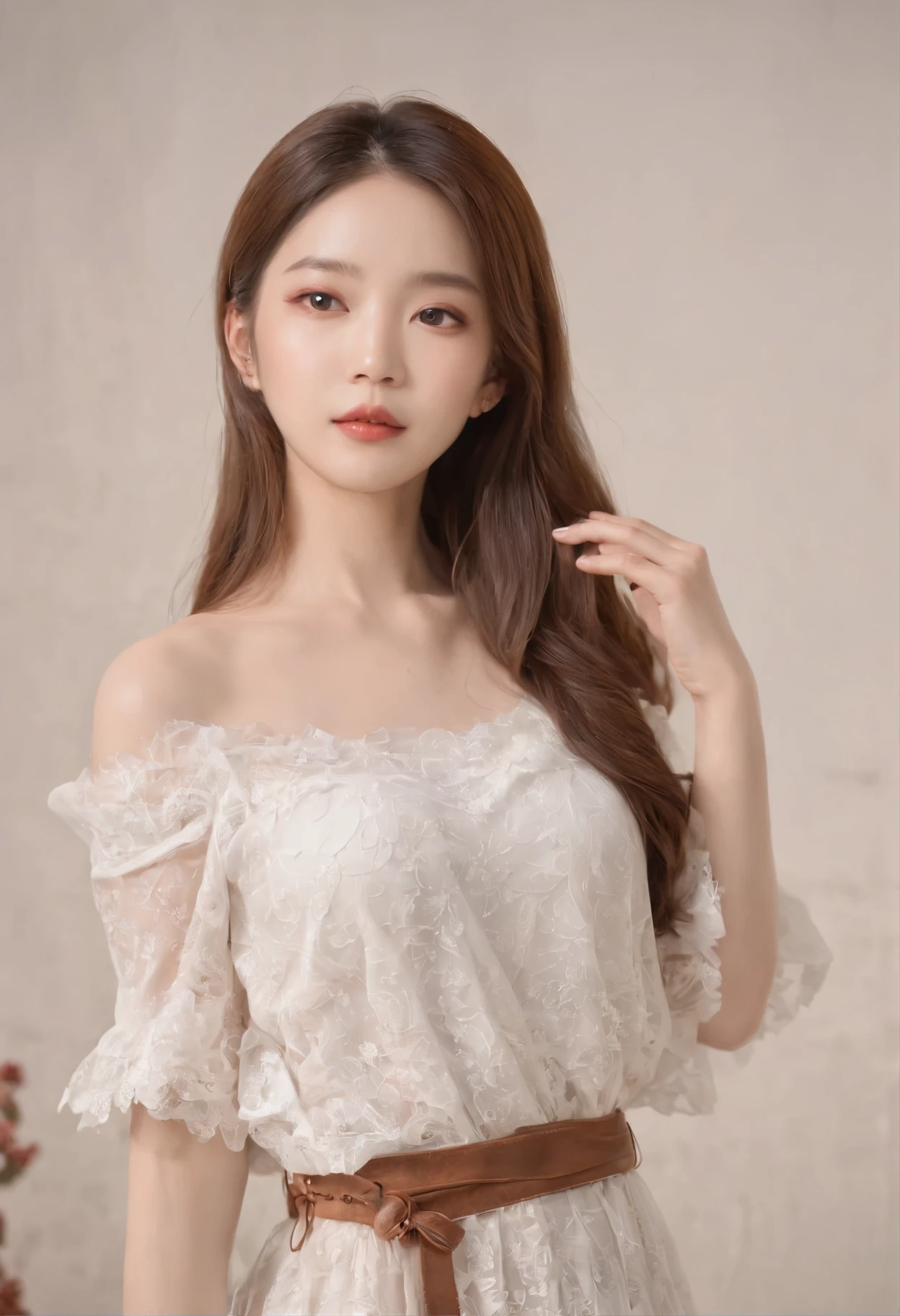 Korea person。girl with。in her 20s。kawaii。dual。Brown hair。Spoblar。bangss。