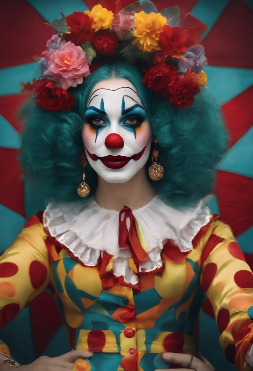 1 woman clown makeup, MYSTERY, in the style of Andy Warhol, vibrant, futuristic, classic, --aspect 16:9 --c 75