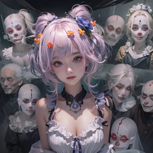 Standing in the grave、Hair flow、 ((highest quality、masterpiece、8k、Best image quality、Ultra-high resolution、Award-winning works)、(Accurate anatomy:1.1)、(Look at me and smile:1.1)、Shining fair skin with Ultra-high resolution、The most detailed face、Ultra-high resolution detailed face、Ultra-high resolutionの髪の毛、(Ultra-high resolution eye:1.1)、Beautiful face drawn in every detail、Cheerful clown costume, Chest to chest, Strange atmosphere, Ghosts flow, Dark Light, At the Cemetery, Heavy makeup