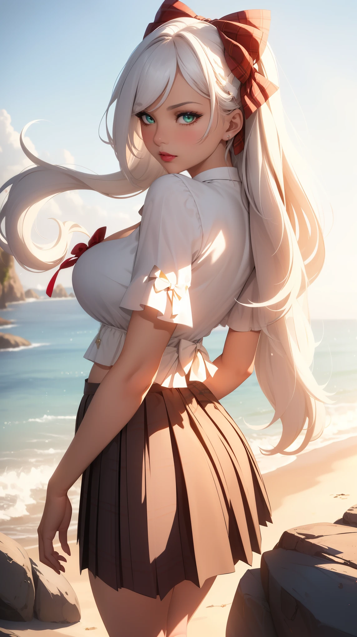 Big breasts, she is a Milf, Busty ((beautiful and cute 28 year old woman)), (((((long, straight, flowing natural white hair with a bow in her hair))))), double doubles, green eyes , clear and detailed, hyper detailed, light effect on the eyes, detailed iris, sensual body, perfect waist, (((cropped blouse, pleated plaid skirt, neckline))), ((masterpiece, hyper realistic, hyper detailed, best quality, 16k, light and shadow on the skin, vivid colors)), eyeliner, sensual expression, perfect lips, innocent and sexy face, ((skin with light and shadow), beautifully seductive and embarrassed woman, red lips parted, calm expression ((she is a beautiful milf)), looking at the viewer, on the beach, rocks, sunset, pose from behind, leg slightly bent