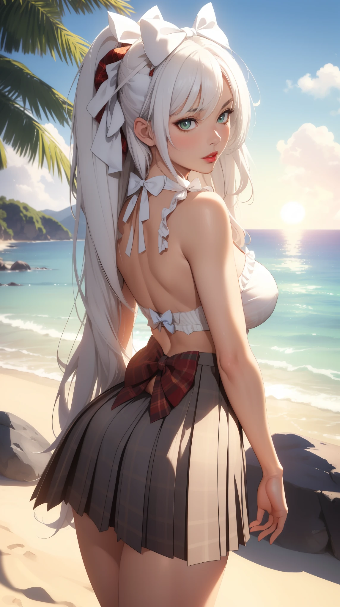 Big breasts, she is a Milf, Busty ((beautiful and cute 28 year old woman)), (((((long, straight, flowing natural white hair with a bow in her hair))))), double doubles, green eyes , clear and detailed, hyper detailed, light effect on the eyes, detailed iris, sensual body, perfect waist, (((cropped blouse, pleated plaid skirt, neckline))), ((masterpiece, hyper realistic, hyper detailed, best quality, 16k, light and shadow on the skin, vivid colors)), eyeliner, sensual expression, perfect lips, innocent and sexy face, ((skin with light and shadow), beautifully seductive and embarrassed woman, red lips parted, calm expression ((she is a beautiful milf)), looking at the viewer, on the beach, rocks, sunset, pose from behind, leg slightly bent