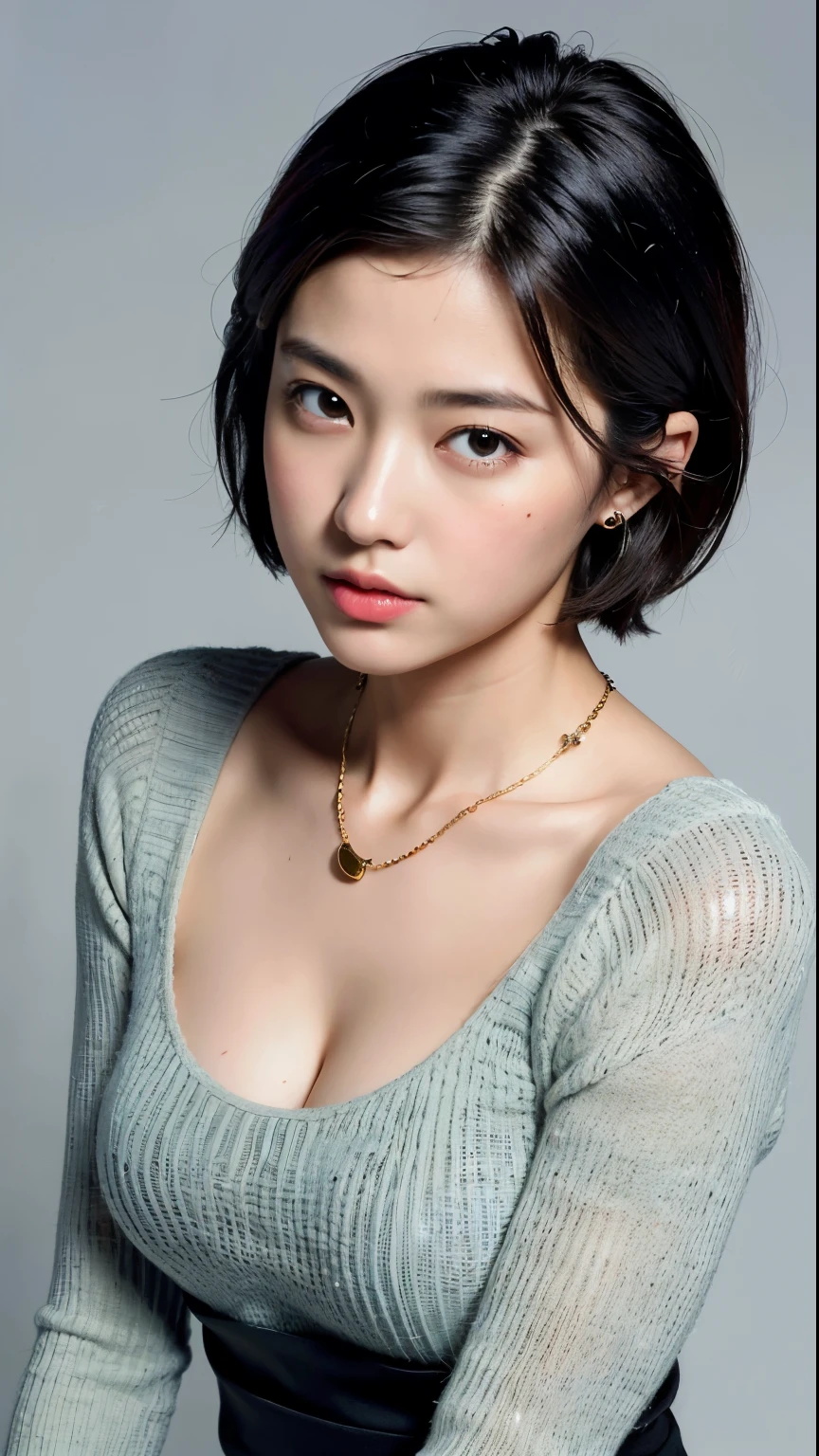 (Best quality, 8k, 32k, Masterpiece, UHD:1.2),Photo of Pretty Japanese woman, large breasts, very short bob hair,upper body,(oversized_sweater,:1.1) necklace, simple background, looking at around