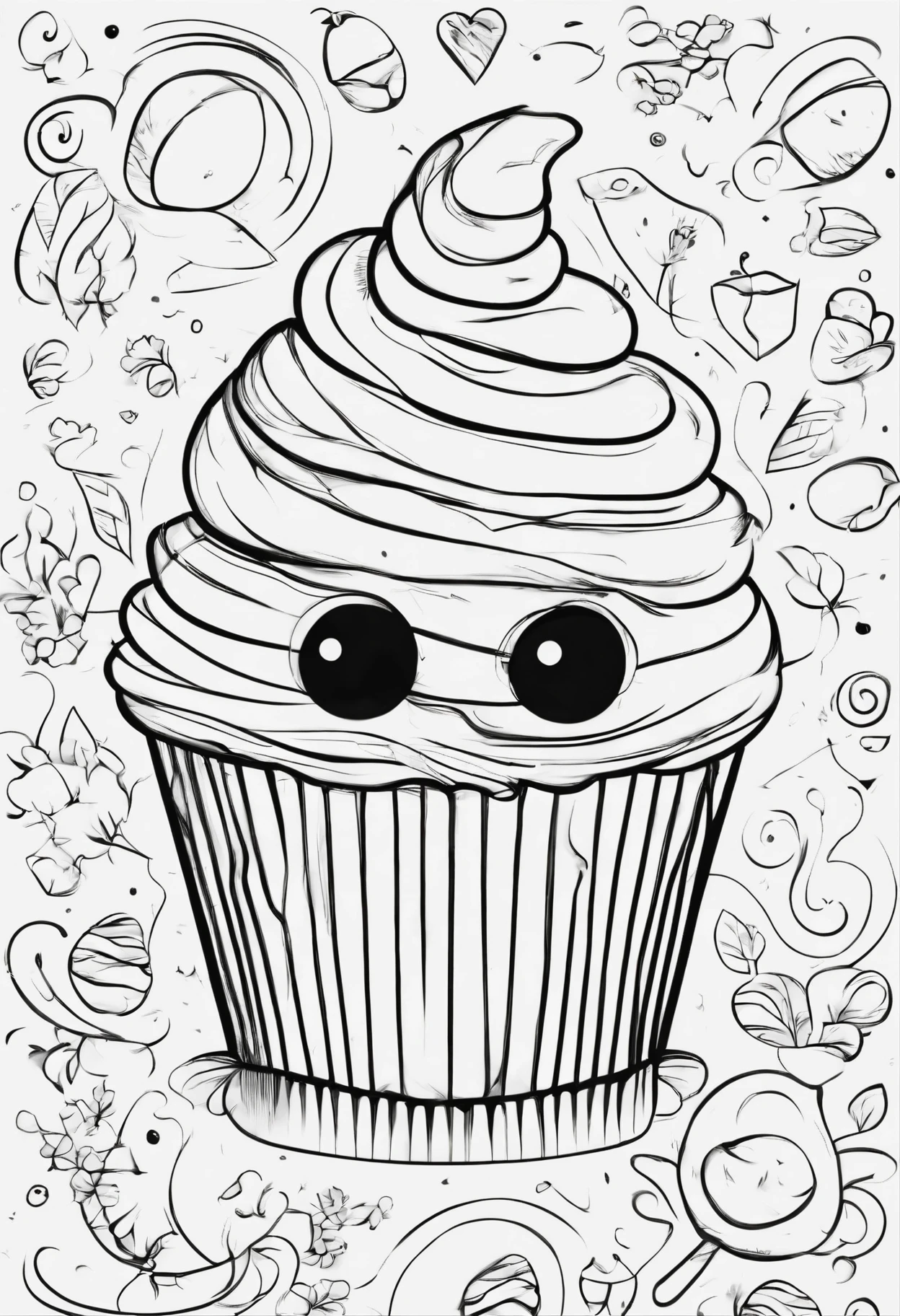 Create for coloring book lineart in black and white  laughing cup cake with eyes and lips over it, only line art hd quality upscaled