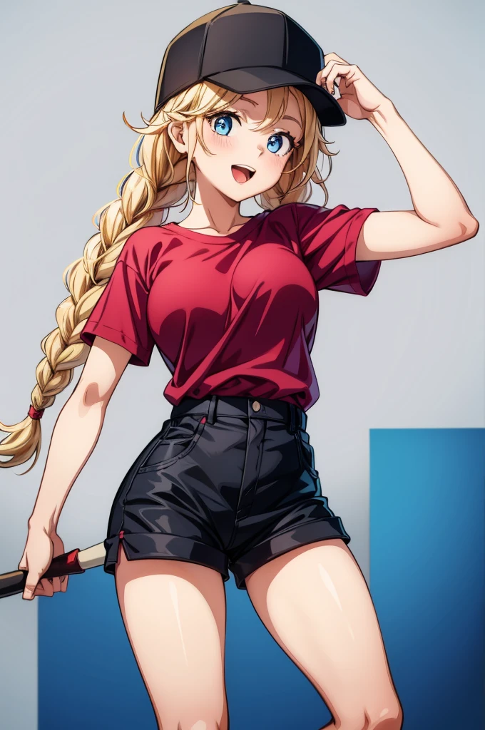 a woman depicted as a cartoon holding an umbrella in one hand and a red baseball bat in the other hand, 1girl, solo, shorts, blue eyes, hat, blonde hair, braid, shirt tucked in, twin braids, shirt, long hair, smile, breasts, open mouth, black shorts, looking at viewer, simple background, short sleeves, black headwear, baseball cap, white background, white shirt, thighs, blush, short shorts