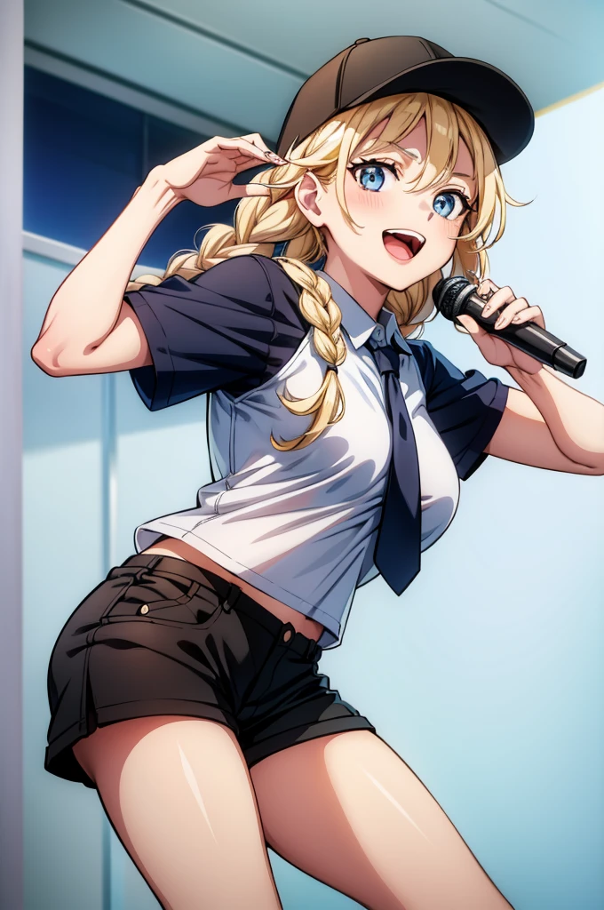 an attractive young woman wearing a baseball cap and black shorts holding a microphone and wearing a white shirt, 1girl, solo, blue eyes, long hair, hat, blonde hair, braid, shorts, twin braids, breasts, shirt, open mouth, looking at viewer, short sleeves, black shorts, white background, simple background, white shirt, baseball cap, black headwear, blush, shirt tucked in, smile, necktie