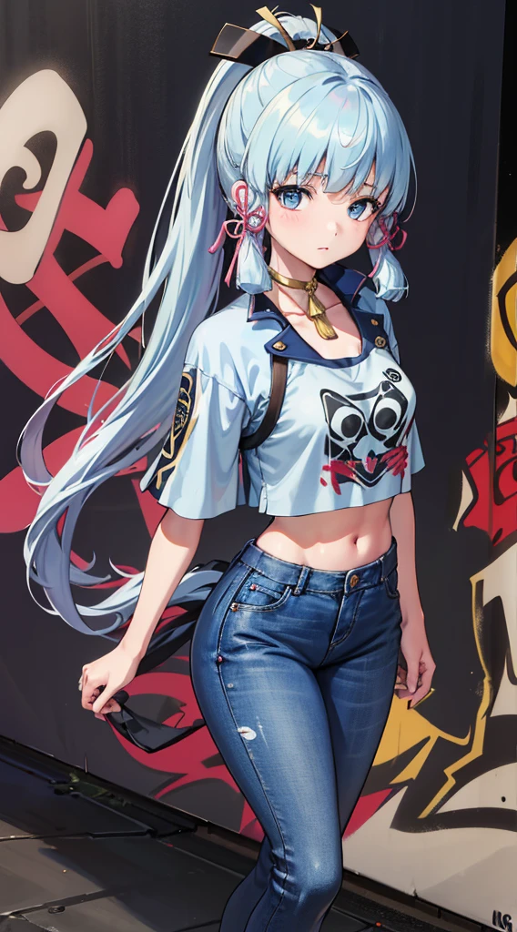 kamisato ayaka|genshin impact, master-piece, bestquality, 1girls, , proportional body, elongated legs, Beautiful, proportional., crop top, Long Jeans, mediuml breasts, ,bara, crop top, choker, (Graffiti:1.5), Splash with purple lightning pattern., arm behind back, against wall, View viewers from the front., Thigh strap, Head tilt, bored,(NSTDA.:1.2), (10, beste-Qualit, master-piece: 1.4), Beautiful red hair, ultra-high resolution, (lifelike, photorealistic portrait: 1.48), 20 age, Cute Girl, (Looking Through Crop Tops.), Famous Japanese actors, beautiful clear eyes, Head tilt, cowboy shot, from the front, looking at the audience, expressionless, Beautiful lake, Zeiss 150mm F/ 2.8 Hasselblad, Whole body, foot, Ultra-Wide Angle,