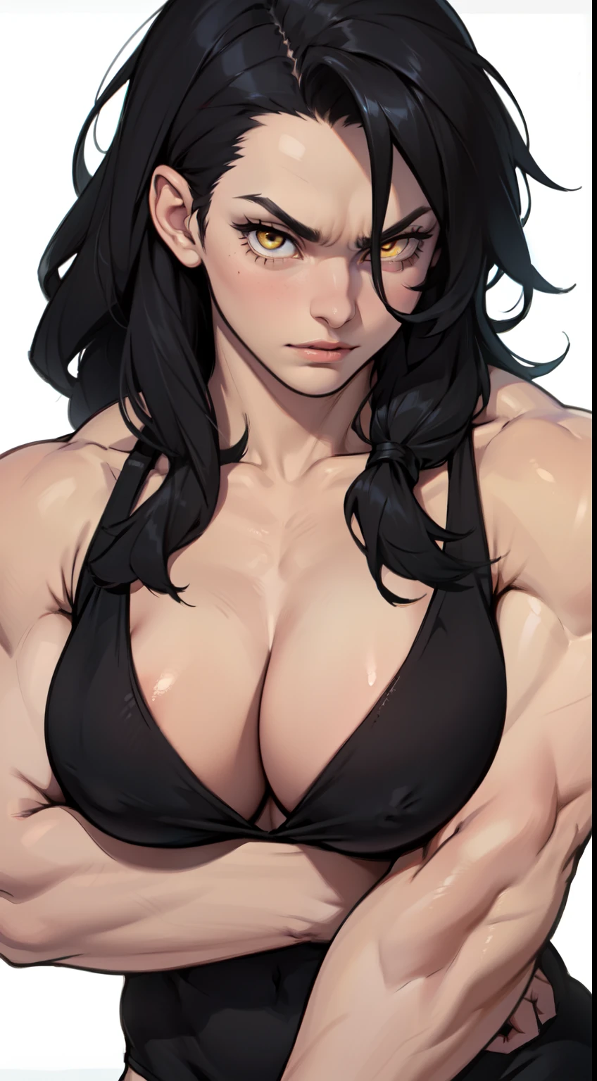 1 girl, black hair, yellow eyes, very long hair, pale skin, ((((extremely muscular)))), large breasts, (confident expression), close up