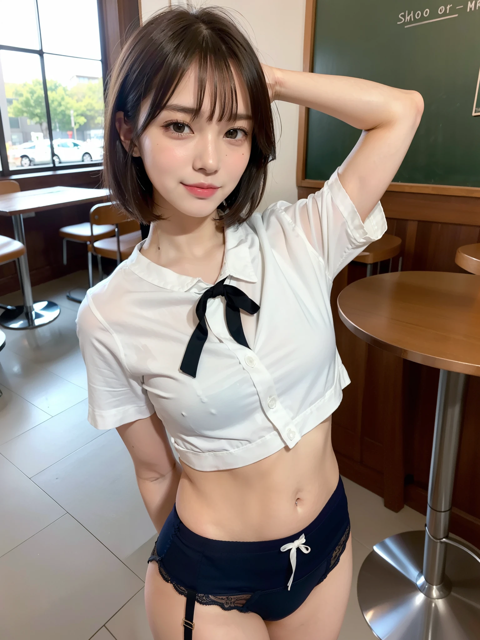 ((Best of the highest quality, 8k, Masterpiece: 1.3, raw photo)), Sharp focus: 1.2, (1 AESPA, slim body type female, 21 y/o: 1.1), (Solo: 1.28), (realistic, photo-realistic:1.37), face focus, cute face, finely eyes, side lighting, using reflectors, (small breasts, flat chest, Thigh: 1.3), (short messy hair, bangs: 1.28), (wearing shirt open school uniform:1.32), (bra top, neat panties:1.32), (ribbon:1.2), walking cafe, bar, sun light, flower, arms up,