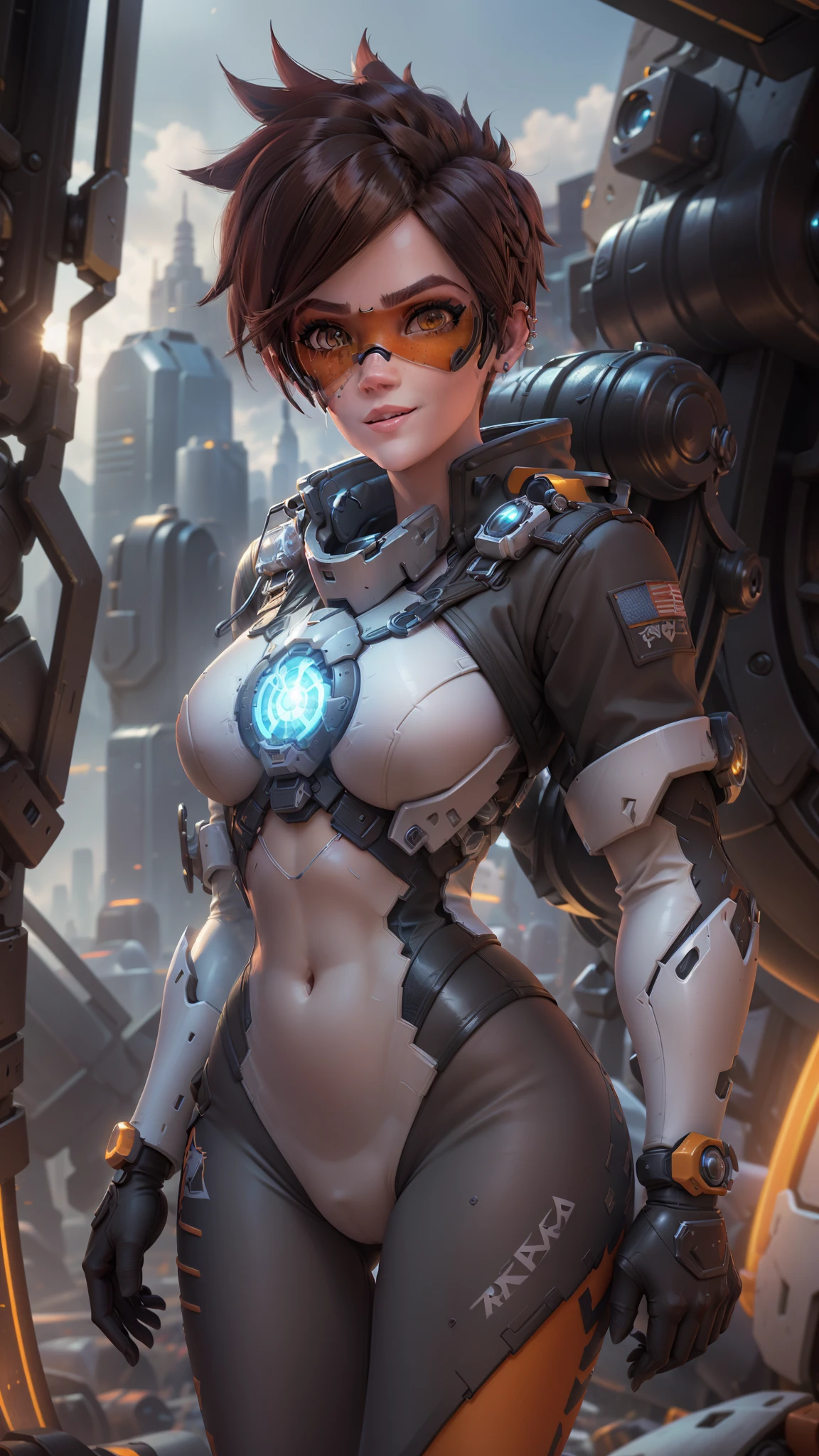 portrait of tracer, close up, 3d, CGI, gwen tennyson,tracer,overwatch,mecha pilot,tattoos, bodysuit, short sleeve pilot jacket,orange lycra sport leggings,neon blue lycra sport top, short hair, punk makeup, hazel eyes, multicolored brown hair, cute smile,freckles,beautiful girl,medium breasts,8k,ultra detailed, realistic,fantasy art,cyborg armor,space port,battle ruins,pilot uniform,ear piercings,(weather: windy), futuristic city background, (visor, googles), combat stance,