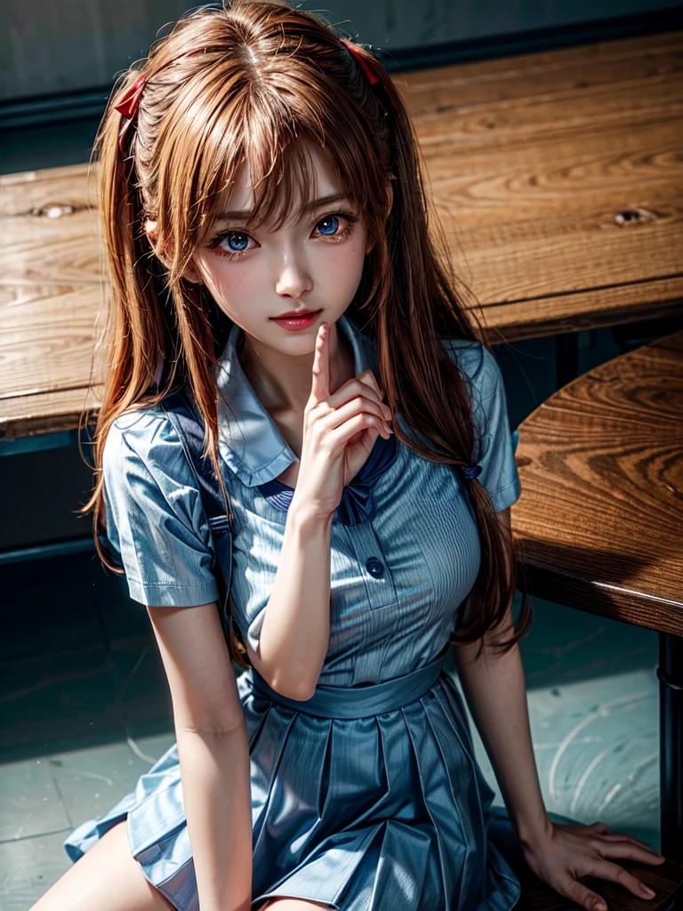 (8k, highest quality, Pieces fly:1.2)、Ultra-high resolution、anime,1 very pretty girl,Asuka Langley,Highly detailed face, Fine grain,blue eyes,,White sailor collar plain short sleeve shirt,Light blue skirt,Light Blue Suspenders,uniform_Red ribbon,Orange Hair,Long Hair、Detailed hand and fingers,put your hands in your hair,Grin、sitting on desk,Shooting from the sky,classroom