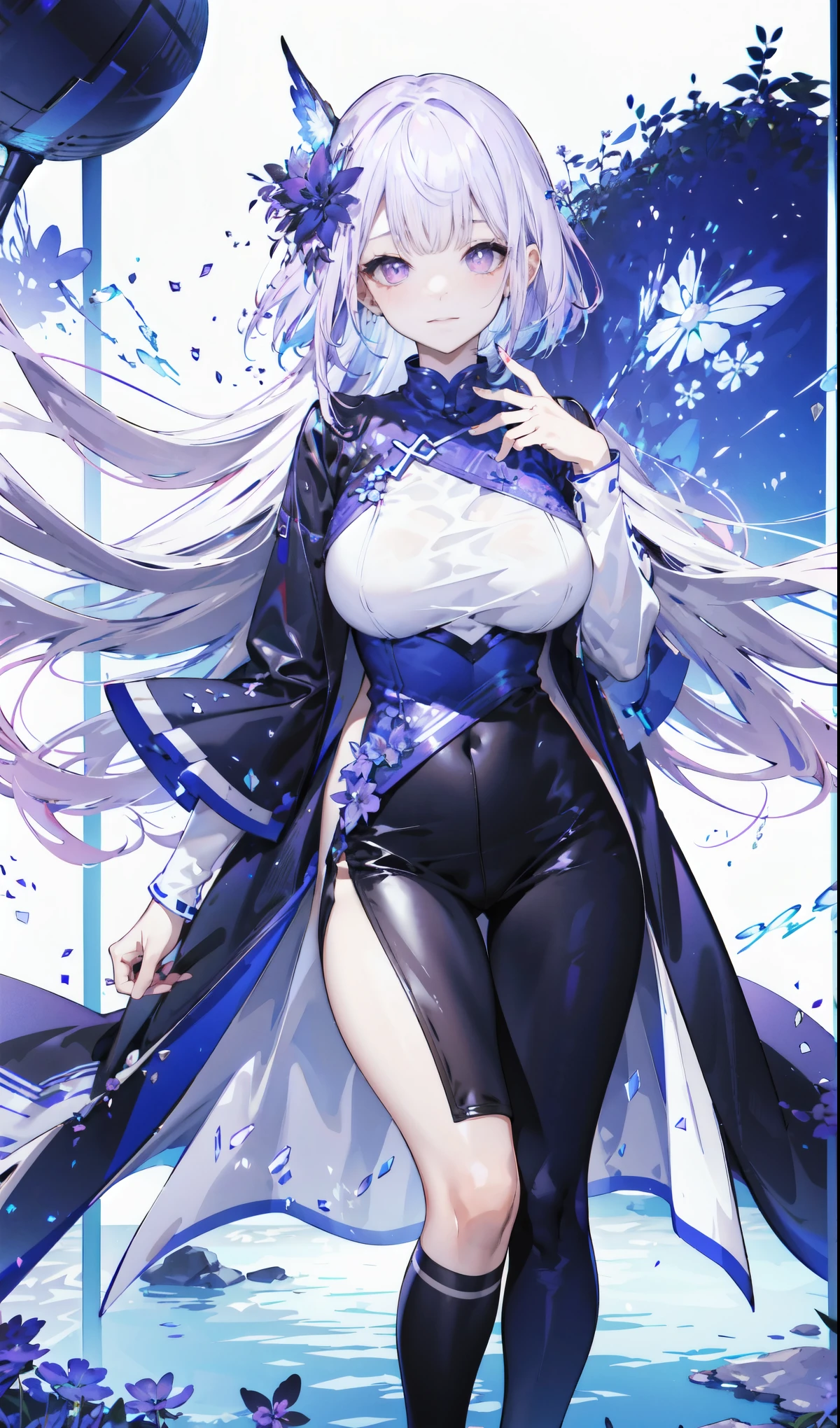 ((masterpiece:1.4,best quality)),(Super detailed),(Extremely detailed eyes),(Black leggings,Shiny socks:1.5),Hello Darkness
((Sexy Girl,Large Breasts)),(Blood-red pupils,Diamond-shaped pupil:1.15),Purple Eyeshadow,(Elongated hair,Thick hair,shiny hair:1.5)(Variza:1.2),Fair skin,tilt head to one side,Kneel down
(She wears blue armor,Tight cheongsam,:1.5),Very long plush sleeves,White,White Cloud,Dream bubbles ,Ice and glitter effects
(Black long skirt:1.1),
(dawn:1.2),
(Intense black and white:1.16),(Depth of Field:1.4),,Intricate details,(Sky Castle,Standing on the lake,Purple flowers by the lake)