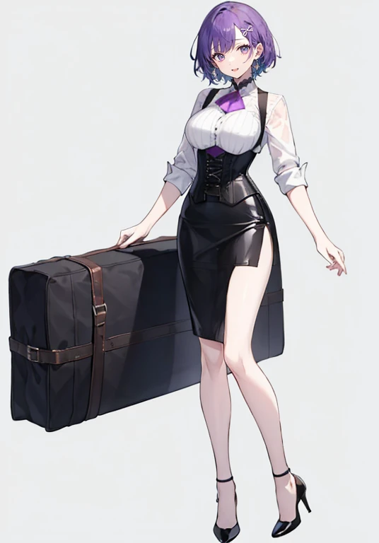 Purple Hair,Long Hair,Adult female,White Y-shirt,((Roll up her sleeves)),(corset),(Black tight skirt),(High heels),Heels are visible,((Simple white background)),smile,((full body)),((whole body)),