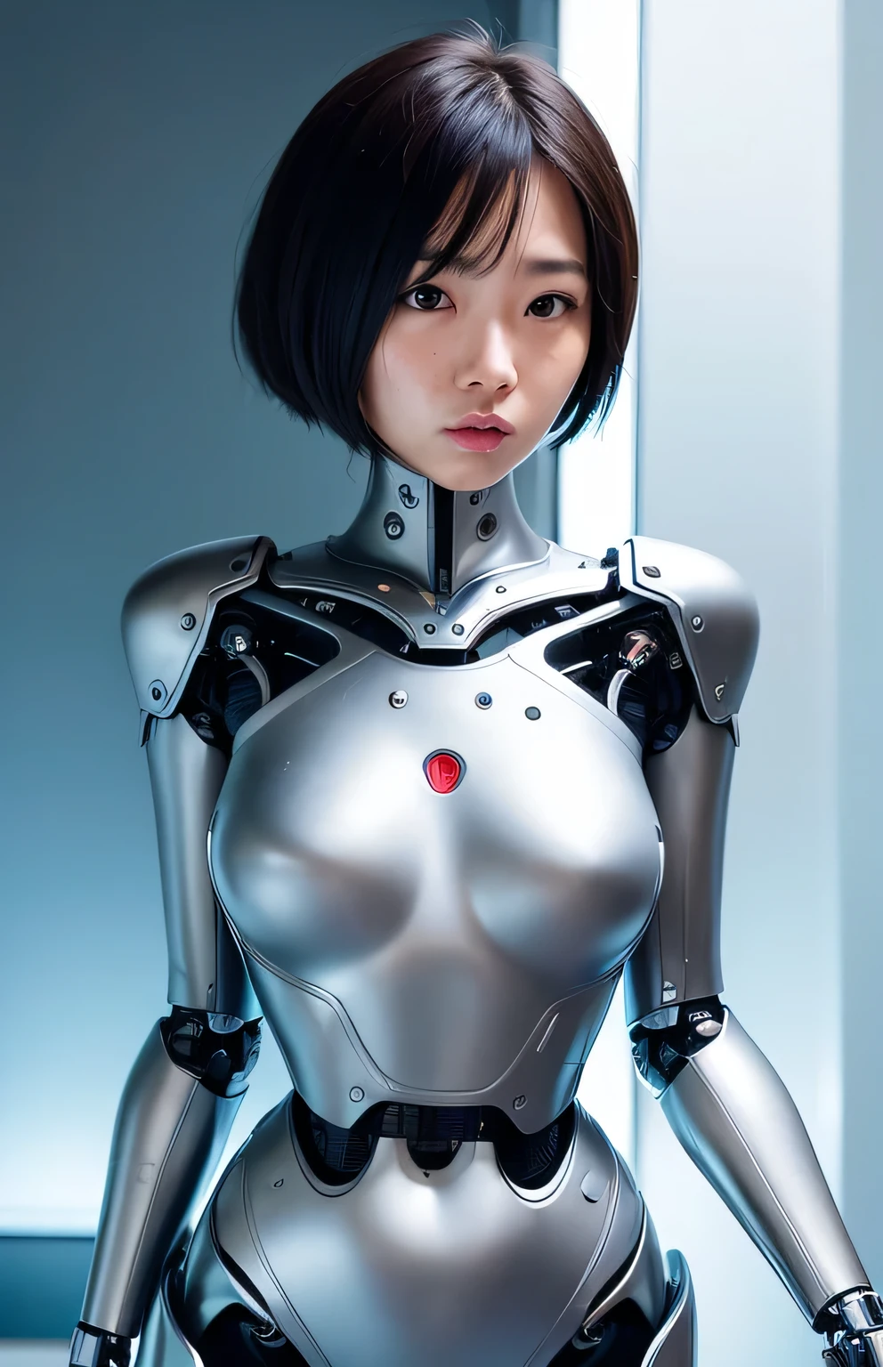 ((best quality)), ((masterpiece)), (aesthetics:1.4) Big-breasted robot、The robot woman is a Japanese woman in her 20s.、Silver metal robot body、Fascinating robot body、There is a dividing line on the face, Make it look like a robot.、Separation of mouth and chin、Like the same posture、Similar behavior、Expressive maturity、Inside the Electronic Brain Exposed、Internal parts exposed、Composition that shows the whole body