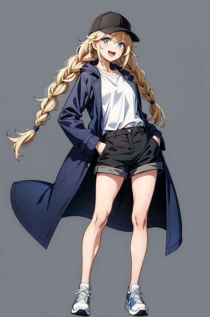 a girl that is wearing a baseball cap and a long coat is standing, 1girl, solo, hat, shorts, twin braids, black shorts, braid, blue eyes, blonde hair, shoes, full body, baseball cap, sneakers, long hair, smile, white background, looking at viewer, open mouth, shirt, simple background, white shirt, black headwear, coat