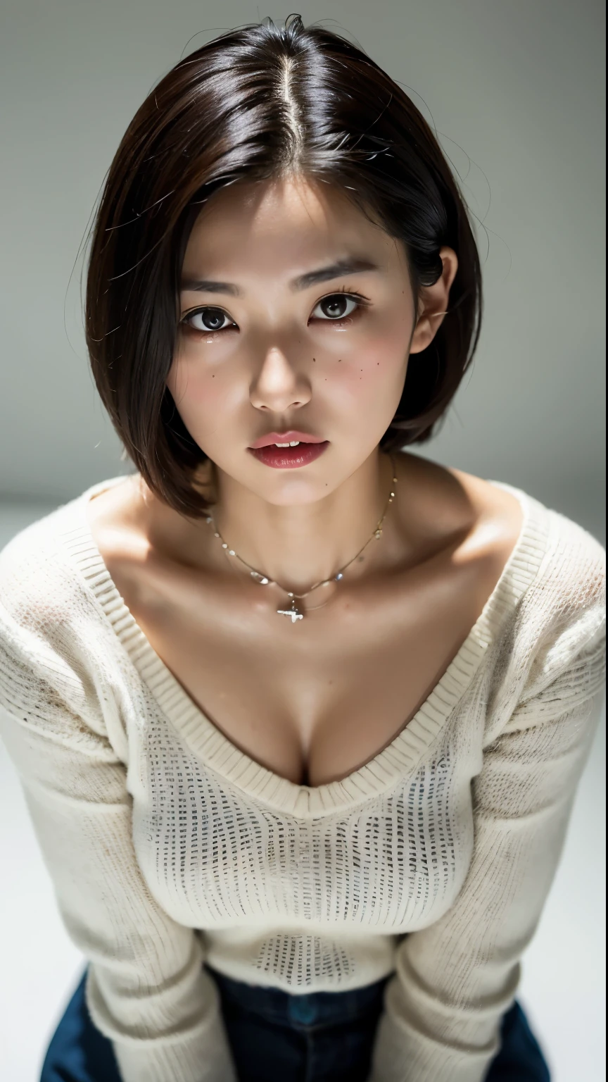 （best qualtiy，8k，32k，tmasterpiece，UHD：1.2），Beautiful Japanese woman in the photo，big cleavage breasts，Very short Bob hair，The upper part of the body，sface focus，oversized_sweater，choker necklace，simple backgound，from the above，looking at viewert，Background street