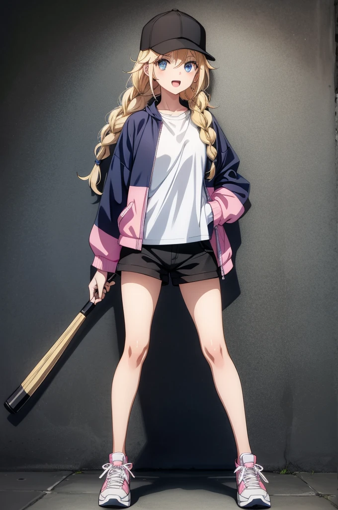 this is a blonde girl with pink hair holding a baseball bat in one hand, 1girl, solo, blonde hair, hat, baseball cap, braid, long hair, shorts, twin braids, blue eyes, jacket, smile, shirt, full body, looking at viewer, shoes, black shorts, open mouth, sneakers, white shirt, shirt tucked in, black headwear