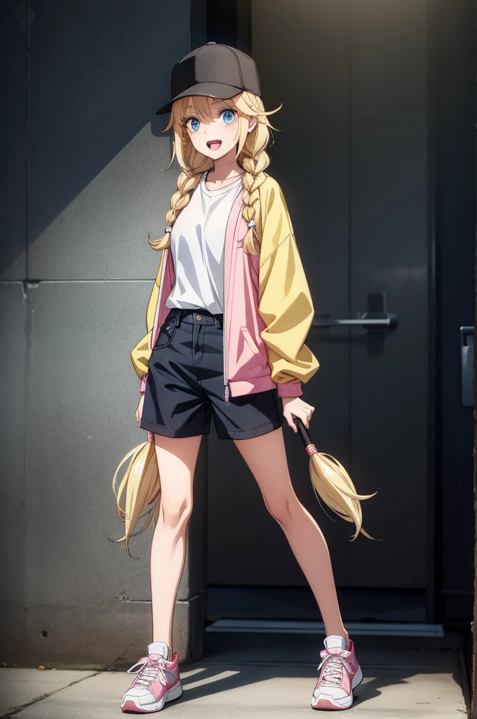 this is a blonde girl with pink hair holding a baseball bat in one hand, 1girl, solo, blonde hair, hat, baseball cap, braid, long hair, shorts, twin braids, blue eyes, jacket, smile, shirt, full body, looking at viewer, shoes, black shorts, open mouth, sneakers, white shirt, shirt tucked in, black headwear