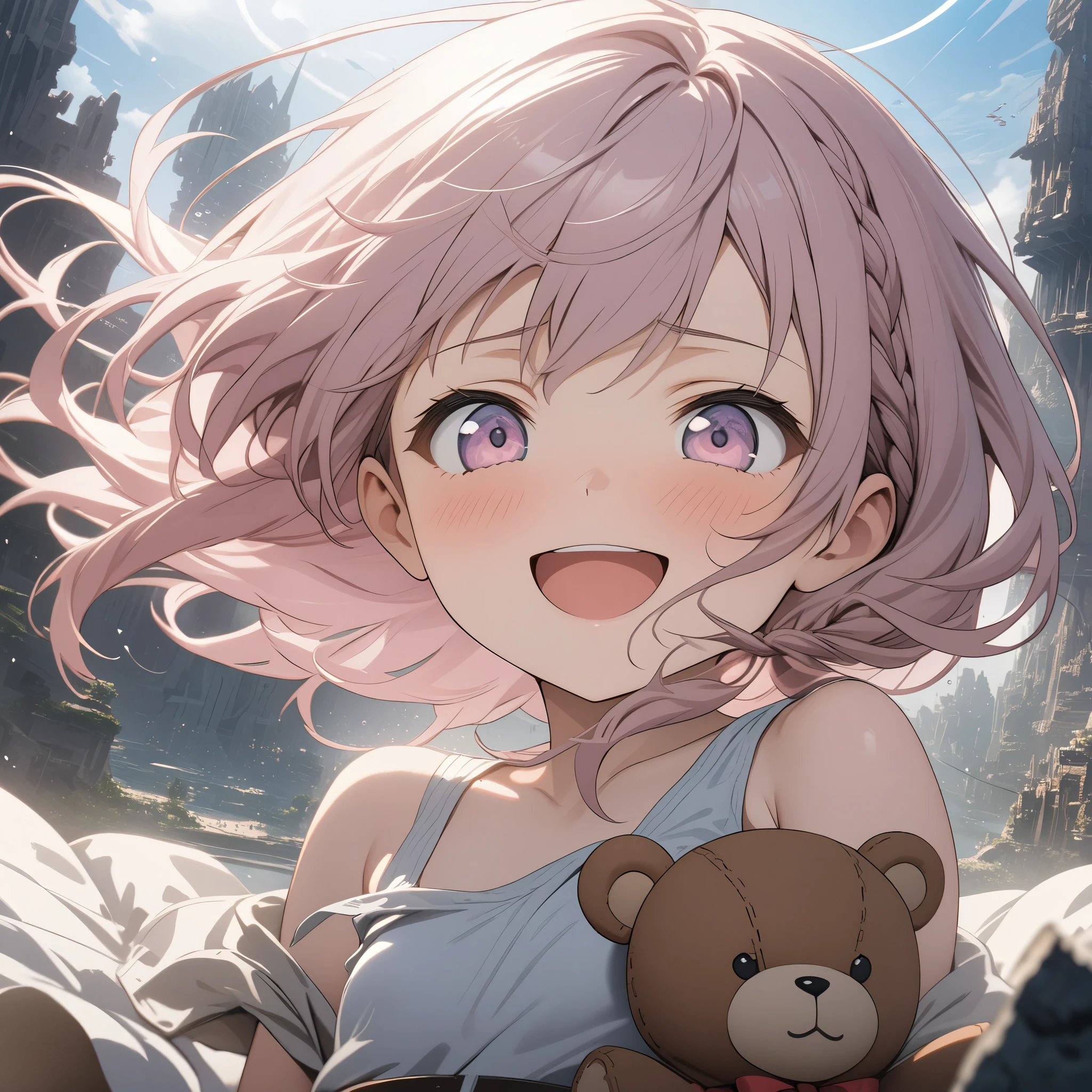 ((Masterpiece)), ((best quality)), (Anime:1.3), (super detail:1.2),(High Definition:1.3), (Professional Photography:1.2), ((12 years old)), 1girl, cute teenage girl, glossy skin, (sad smile), open mouth, (Cuddling a raggedy teddy bear), beautiful Slender body, (Healthy body), small breast, (pale pink Hair), loose braid, cute eyes, round eyes, (ragged tanktop), hoop skirt, (burly belt), BREAK, ((best quality)), ((Submerged collapsed city)), vapor trail on the sky, (sharp focus), (perfect light),