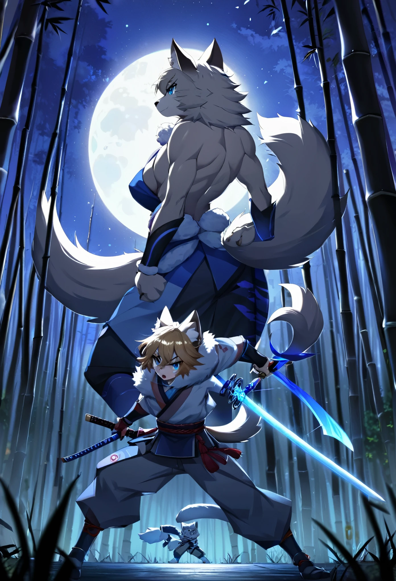 Top quality ultra-fine illustrations, movie posters, Zatoichi, Blind Swordsman (bamboo forest, dark night with beautiful full moon, rays of light through bamboo, backlighting, Tyndall phenomenon) (beautiful face and eyes, down to the details) Absurd perfect anatomy ((Beastman))) (furry, pairs, boy with girls on his back, Japan kimono, ninja, sword with blue flames, battle duels, concentration lines) ( Furry Antro: 1.7) ((((((Furry body, animal facial features, animal body features)))) (((((Highly detailed fur))))) full body, sturdy look, shouting, combat regime (dynamic pose),