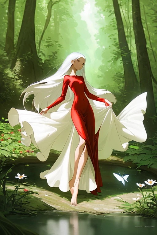 


a ***********，Slim figure，Exquisite facial features，Deep eyes，Beautiful and elegant，red long dress，Clothes are elegant and sophisticated，satin soft，barefoot，long white hair，unreal sunshine，woods，shallow stream，Small stones，Flowers，Butterfly Wolf