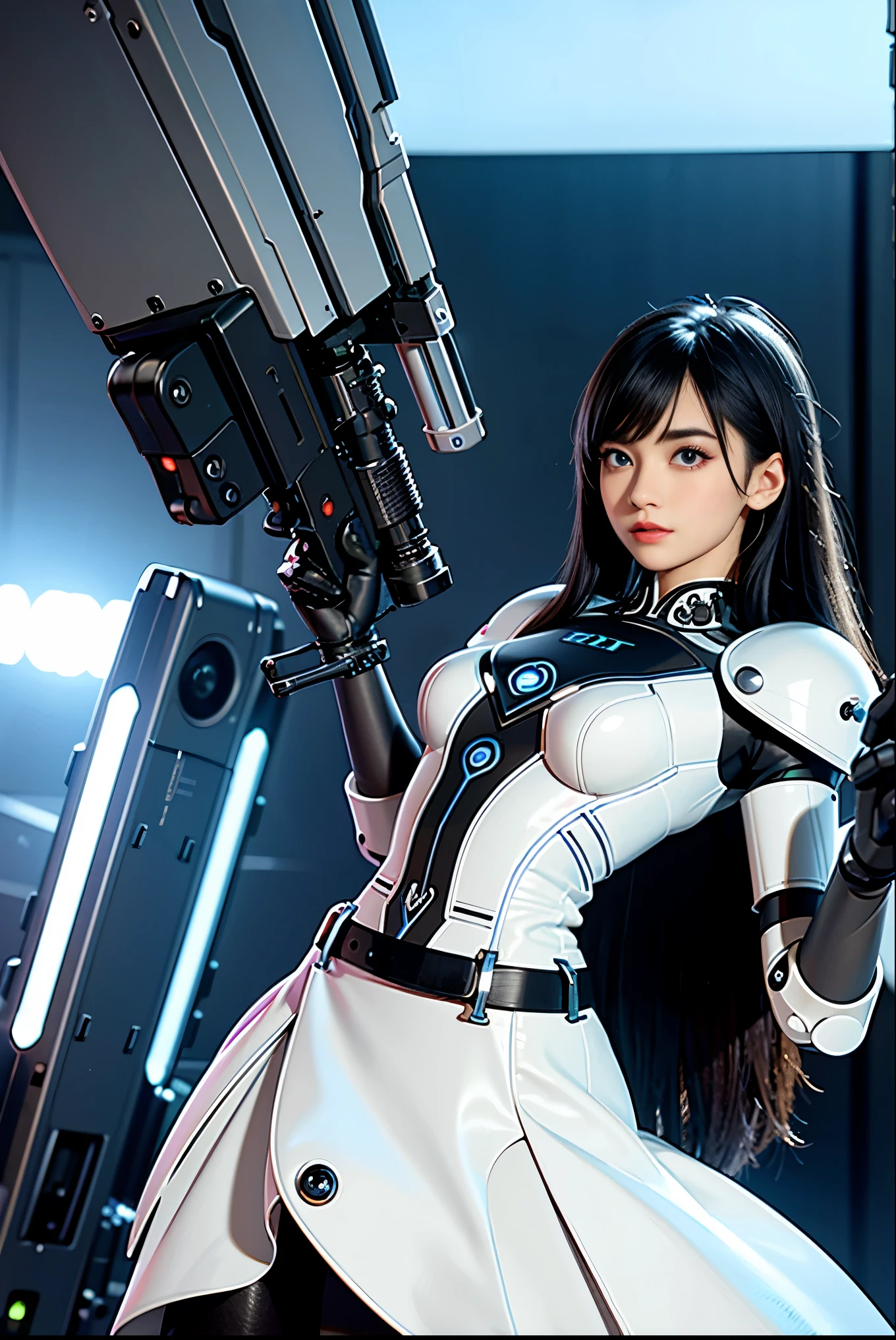 (masterpiece)、(top quality、high quality、top resolution、high resolution)、extreme elaboration、((solo))、Full Color、(Science fiction)、Inorganic、Beautiful robot woman、(Robot Police:1.2)、Cool Beauty、(almond-shaped eyes、slit eyes)、(big eyes:1.2)、(big iris:1.3)、Curvaceous face、(Very well balanced face)、Well-proportioned face、Wide lips、Glossy Mouth、Arched eyebrows、(Robot Joints)、(Robot futuristic armor:1.2)、Futuristic Mechanical Battle Suit、(Mechanical Finger)、Mechanical gloves、Shock absorber frame、Electronic substrate、Machinery Parts、Robot Limbs、(Power cord:1.3)、(Robot maintenance:1.3)、(Straight Hair)、(Gun Holster:1.3)、sunlight、rim light、shine、(Cowboy Shot:1.3)、(Waste disposal site)