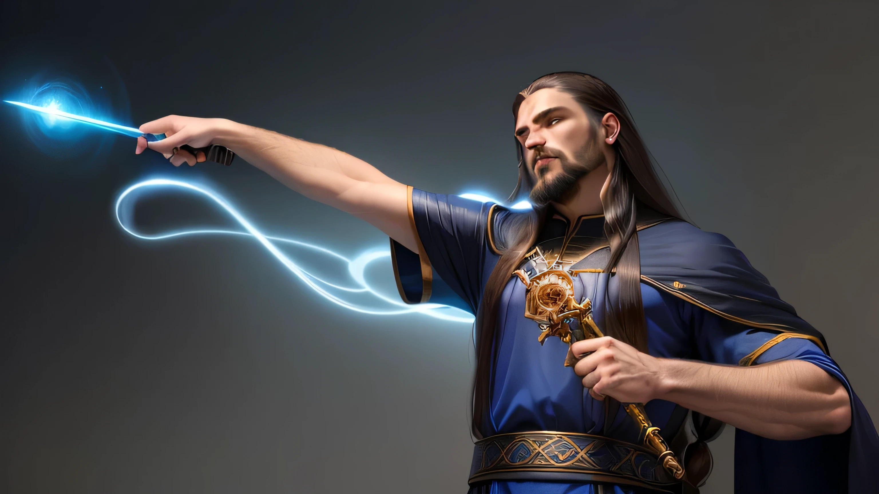man with long hair and facial hair pointing at something with a wand, male magic wizard, in an action pose, in mage robes