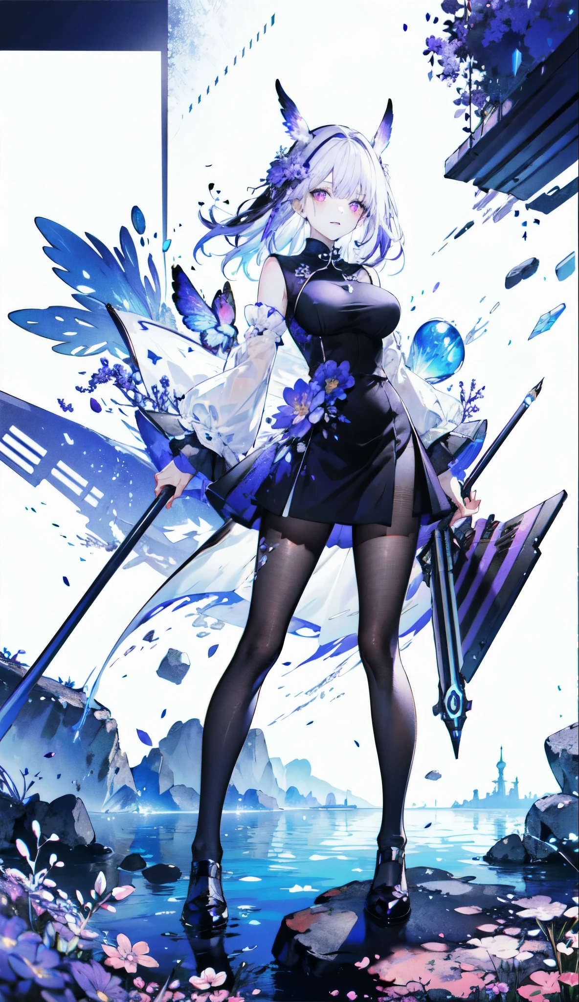((masterpiece:1.4,best quality)),(Super detailed),(Extremely detailed eyes),(black leggings,Shiny socks:1.5),Hello Darkness
((Sexy Girl,Large Breasts)),(Blood-red pupils,Diamond-shaped pupil:1.15),Purple Eyeshadow,(elongated hair,Thick hair,shiny hair:1.5)(Changes through:1.2),White skin,tilting its head to the side,kneel
(She wears blue armor,Tight cheongsam,:1.5),Very long plush sleeves,White,White Cloud,Dream bubbles ,Ice and glitter effects
(Black long skirt:1.1),
(dawn:1.2),
(Intense black and white:1.16),(Depth of Field:1.4),,Intricate details,(Sky Castle,Standing by the lake,Purple flowers by the lake)