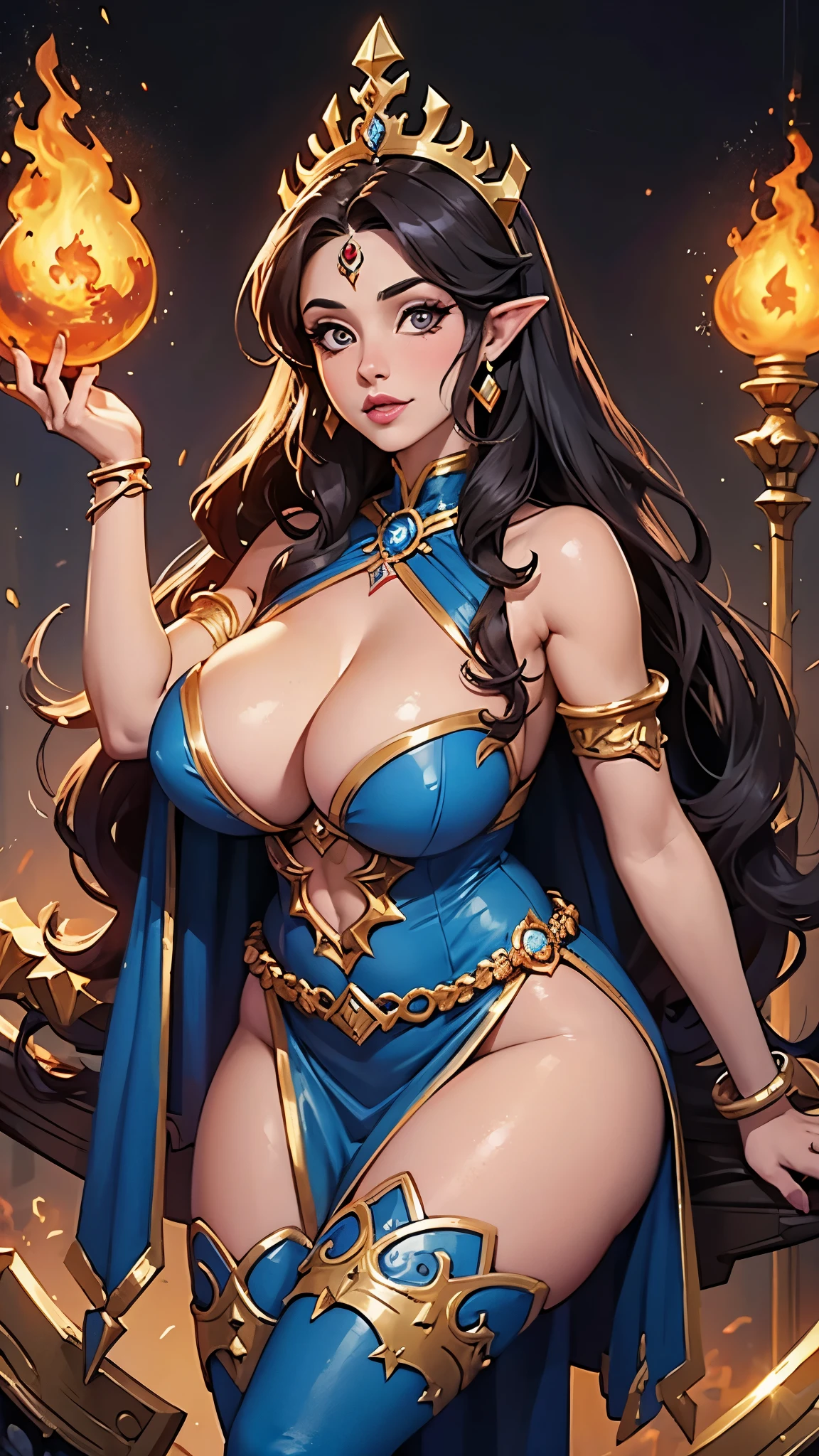 una caricatura de una mujer sexy sosteniendo una bola de fuego, Hechicera, mighty plump female Hechicera, del mundo de warcraft, pretty Hechicera, maga!, a beautiful Hechicera, seductora princesa elfa caballero, succubus in short tight dress, in the artistic style of Hearthstone, the Hechicera casting a fireball, elfo azul