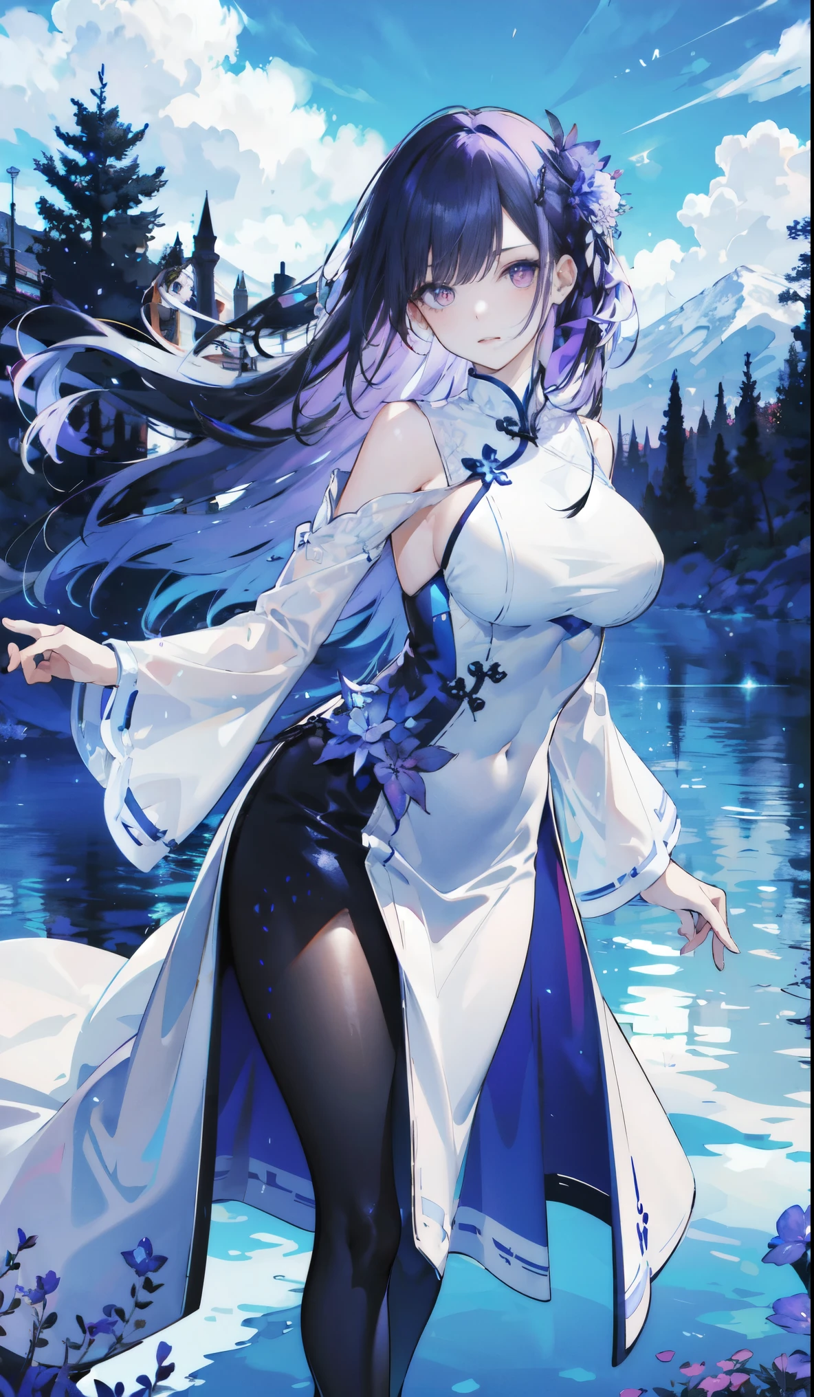 ((masterpiece:1.4,best quality)),(Super detailed),(Extremely detailed eyes),(Black leggings,Shiny socks:1.5),Hello Darkness
((Sexy Girl,Large Breasts)),(Blood-red pupils,Diamond-shaped pupil:1.15),Purple Eyeshadow,(Elongated hair,Thick hair,shiny hair:1.5)(Variza:1.2),Fair skin,tilt head to one side,Kneel down
(She wears blue armor,Tight cheongsam,:1.5),Very long sleeves,White,White Cloud,Dream bubbles ,Ice and glitter effects
(Black long skirt:1.1),
(dawn:1.2),
(Intense black and white:1.16),(Depth of Field:1.4),,Intricate details,(Sky Castle,Standing on the lake,Purple flowers by the lake)